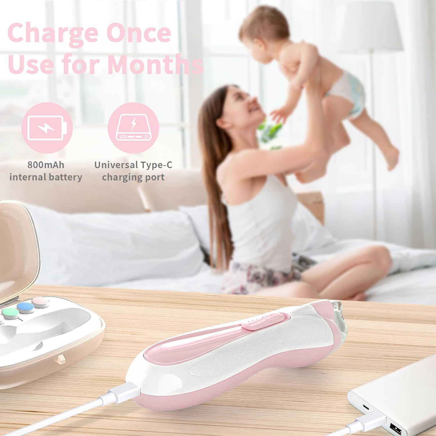 Baby Nail File Electric Baby Nail Care Set with LED Light, Baby Nail Clipper Electric for Newborn/Infants/Adults Toenails and Fingernails, 7 Grinding Head Replacement Pads, Pink - Image 5