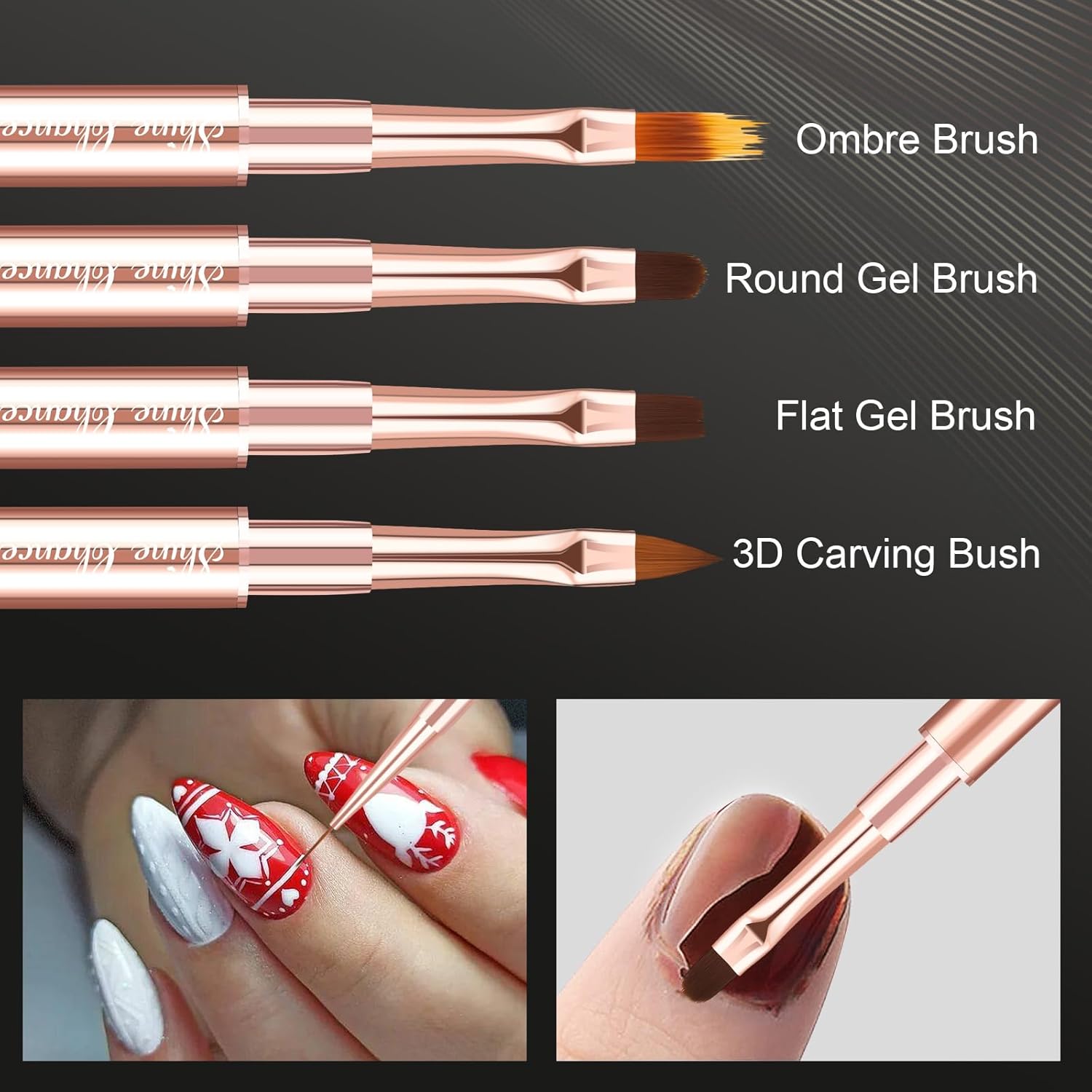 9-Piece Rose Gold Double-Ended Nail Art Brush Set for Gel Polish and 3D Design - Image 2