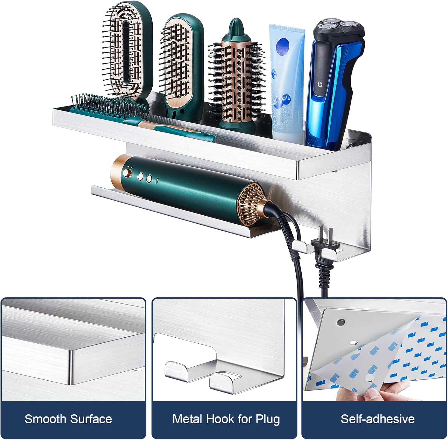 Stainless Steel Wall Mount Hair Dryer Holder and Curling Iron Organizer for Bathroom Storage - Image 4