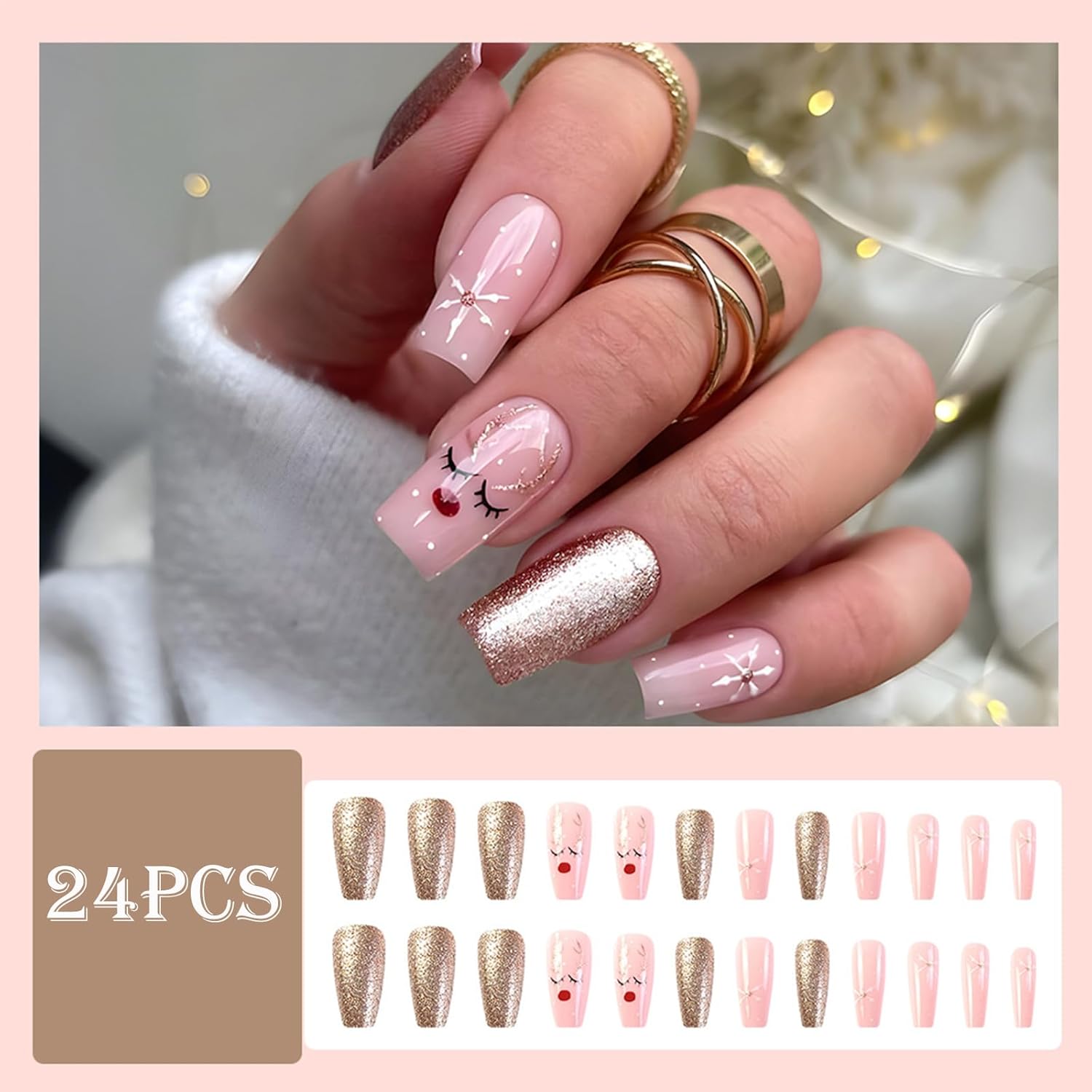 Medium Coffin Press on Nails Christmas Snowflake Elk Pink Fake Nails Full Cover Glossy Acrylic Stick on Nails Cute False Nails for Women Girls DIY Fingernails Decor 24Pcs - Image 5