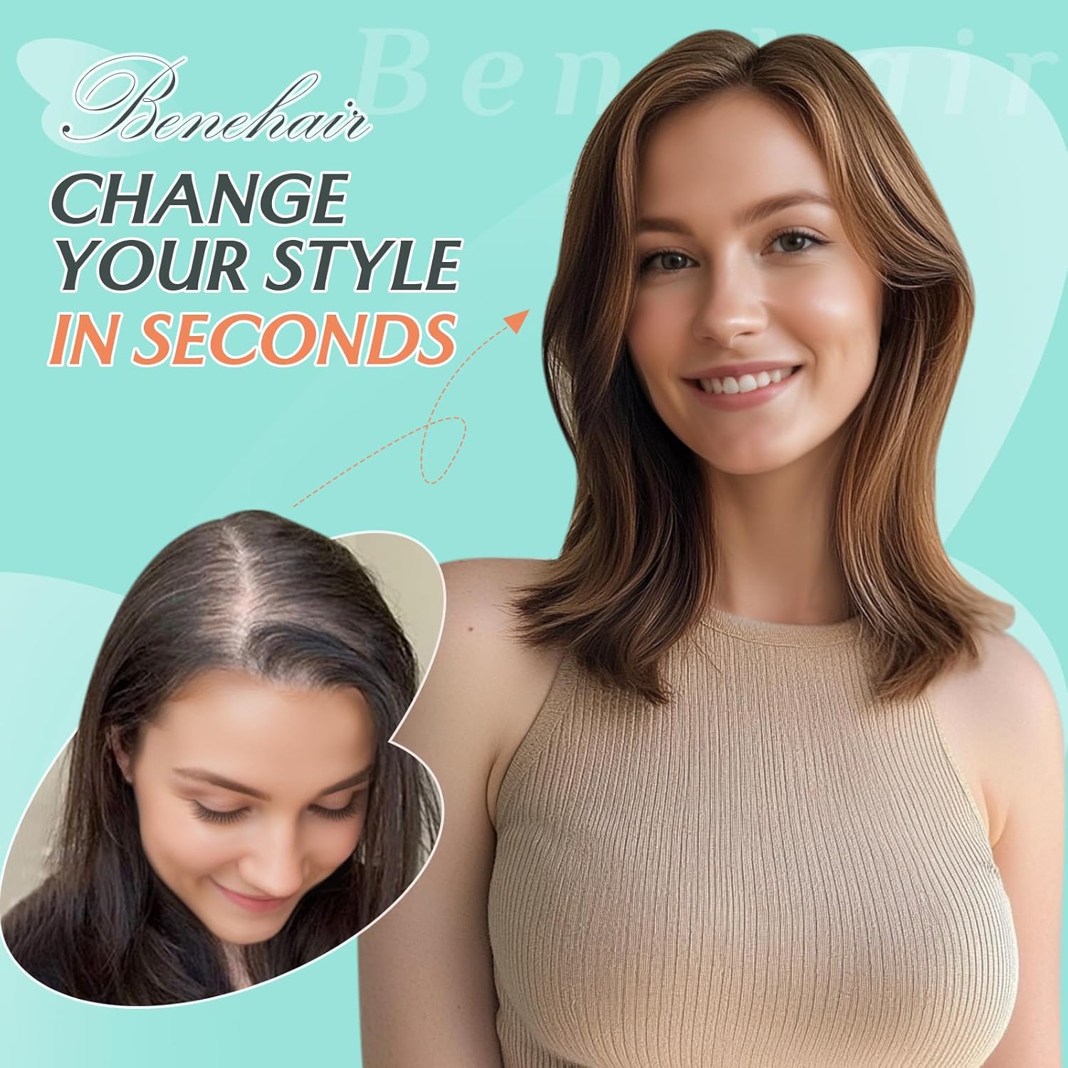 Benehair Human Hair Topper for Women - 9 * 12CM Silk Base, No Bangs, 150% Density, 100% Remy Hair Piece for Thinning Hair - Dark Brown, 12 Inch - Image 6