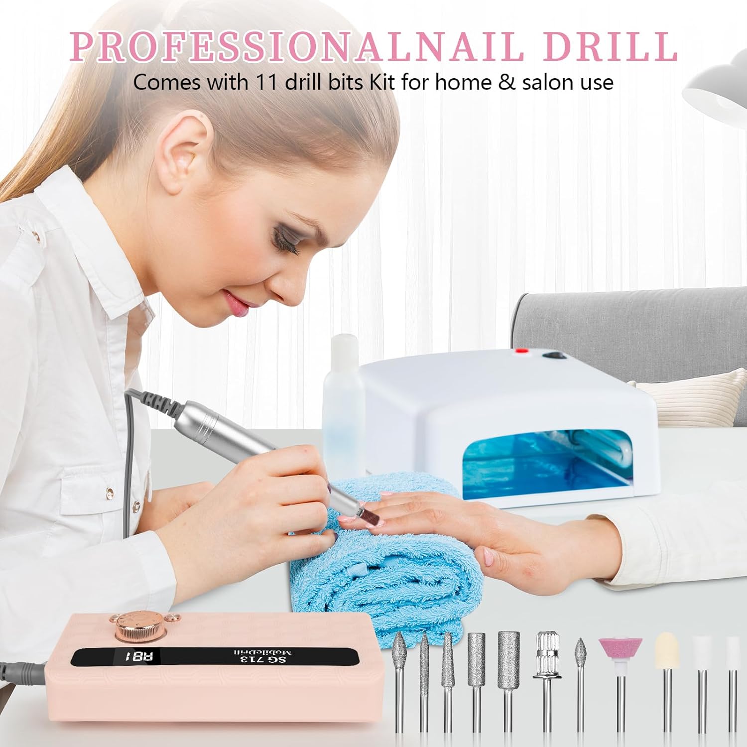 Electric Nail File Professional Kit - 45000RPM Portable Nail Drill Electric File with 11 Bits & Base丨LED Screen丨Ultra-Silent, Rechargeable Nail Drills Machine for Acrylic Nails Gel Polishing (Pink) - Image 9