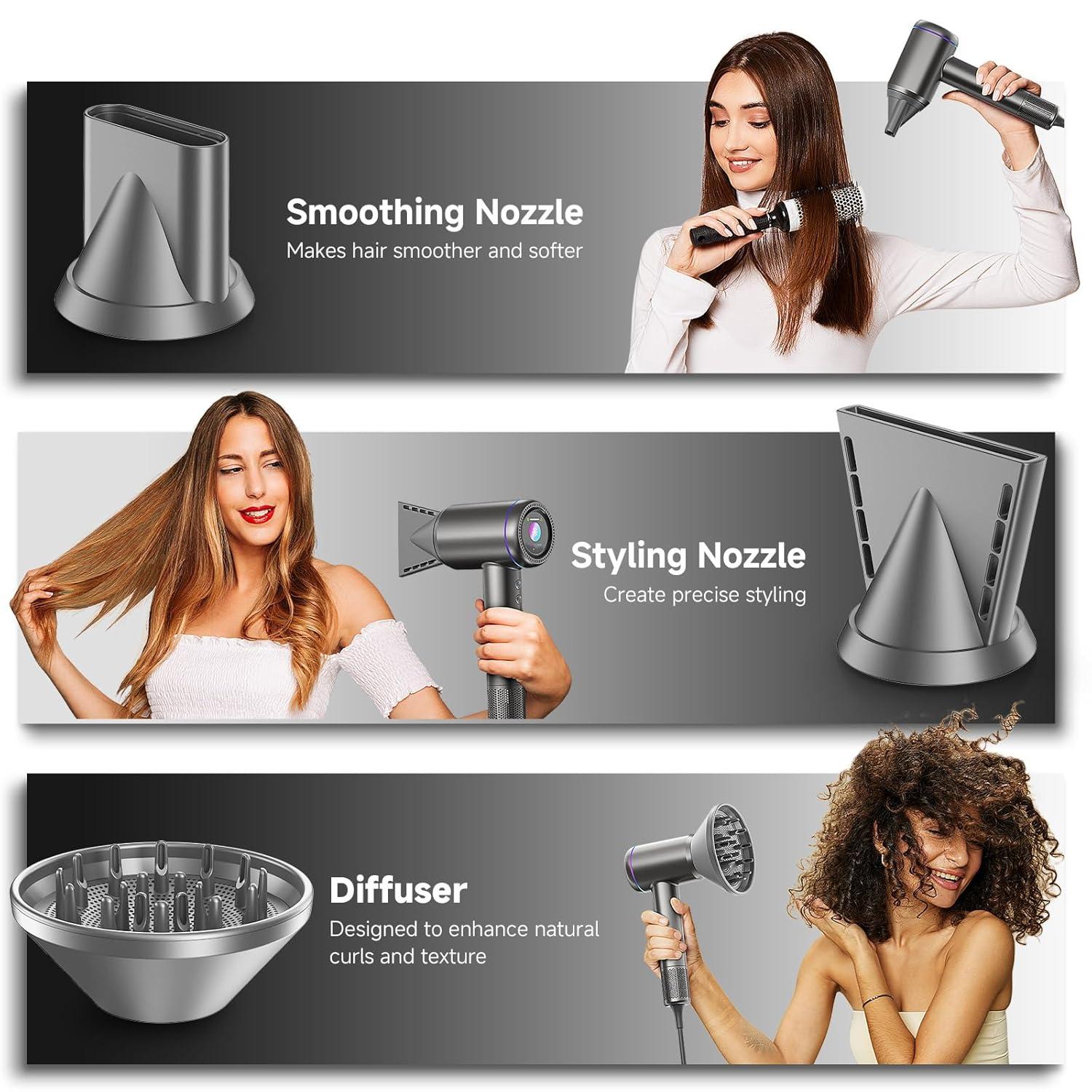 Hair Dryer with Diffuser, 150,000 RPM High Speed Negative Ionic Blow Dryer for Fast Drying, Low Noise, 4 Temps & 3 Speeds, Thermo-Control Hair Dryer with 2 Magnetic Nozzle for Home Travel - Image 6
