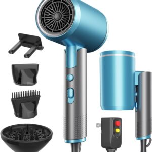 Portable Ionic Hair Dryer, Foldable Handle Hair Dryer,1600W Blow Dryer with Diffuser/Concentrator/Comb Nozzle,Intelligent Temperature Control,Low Noise for Home/Salon/Travel (Blue+Grey)