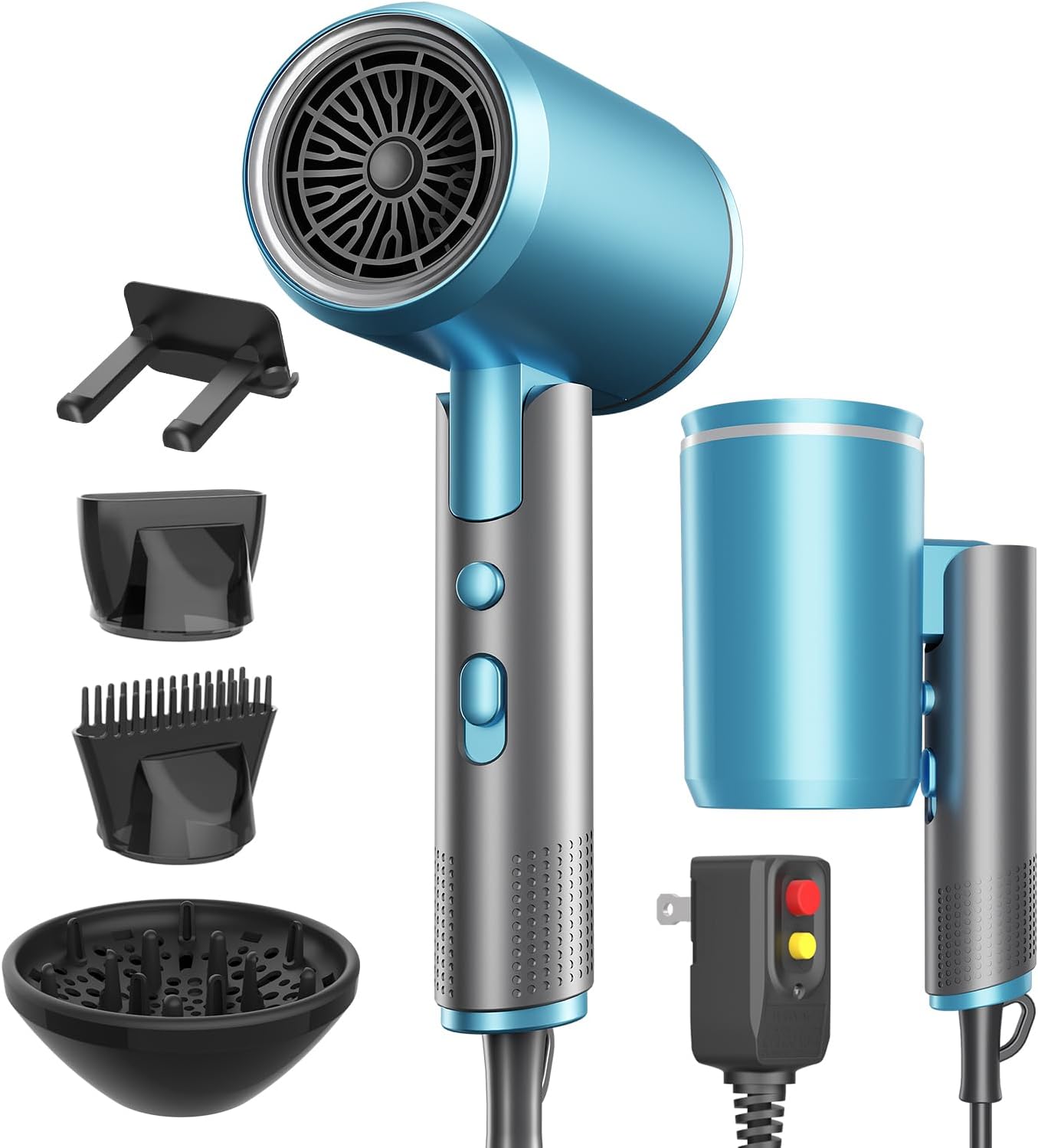 Portable Ionic Hair Dryer, Foldable Handle Hair Dryer,1600W Blow Dryer with Diffuser/Concentrator/Comb Nozzle,Intelligent Temperature Control,Low Noise for Home/Salon/Travel (Blue+Grey)