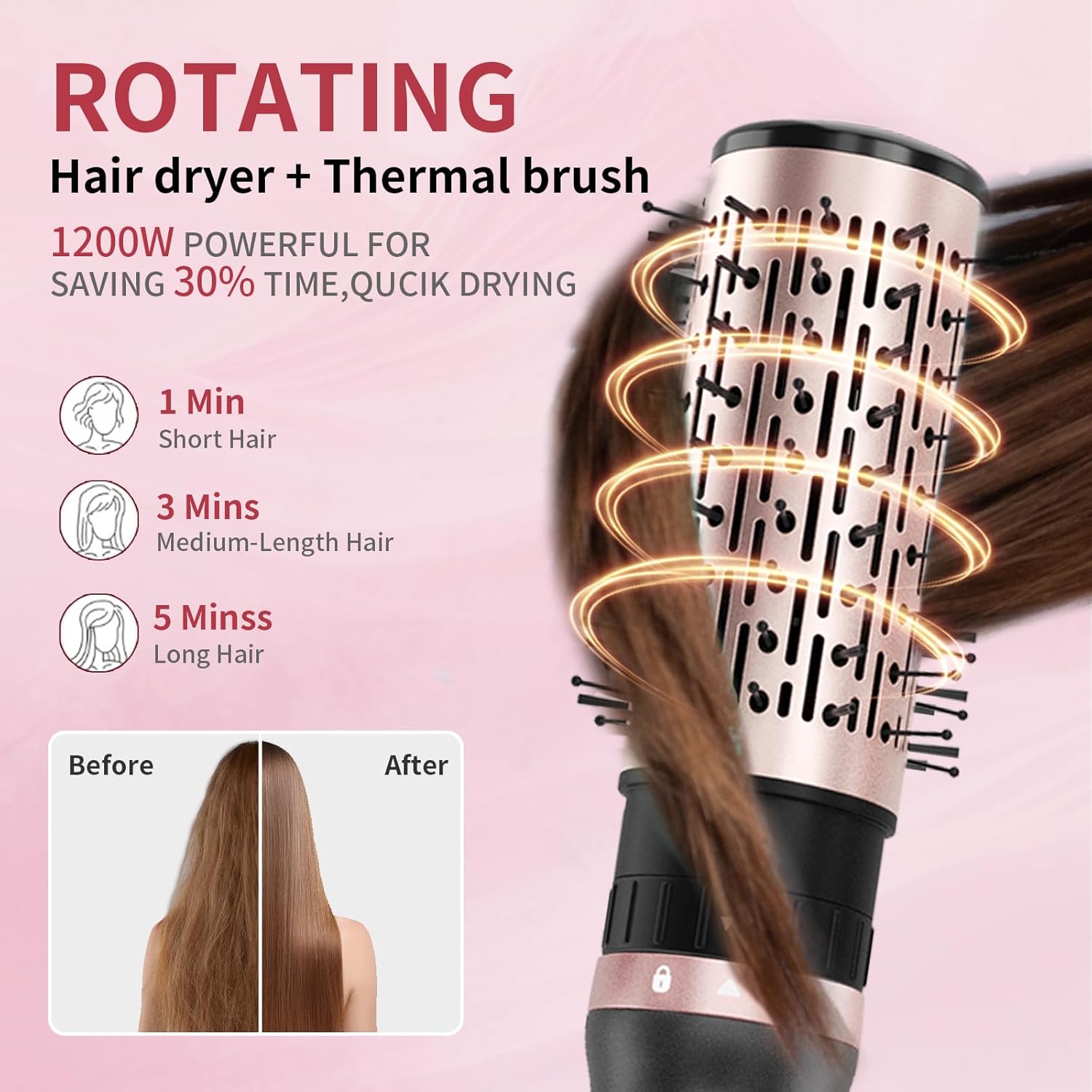 Rotating Hair Dryer Brush, 4-in-1 Rotating Blow Dryer Brush & Hot Air Spin Dryer Brush, 2 Detachable Brushes (1.5" & 2"), 3 Temperature & Speed Settings, 1200W - Image 3