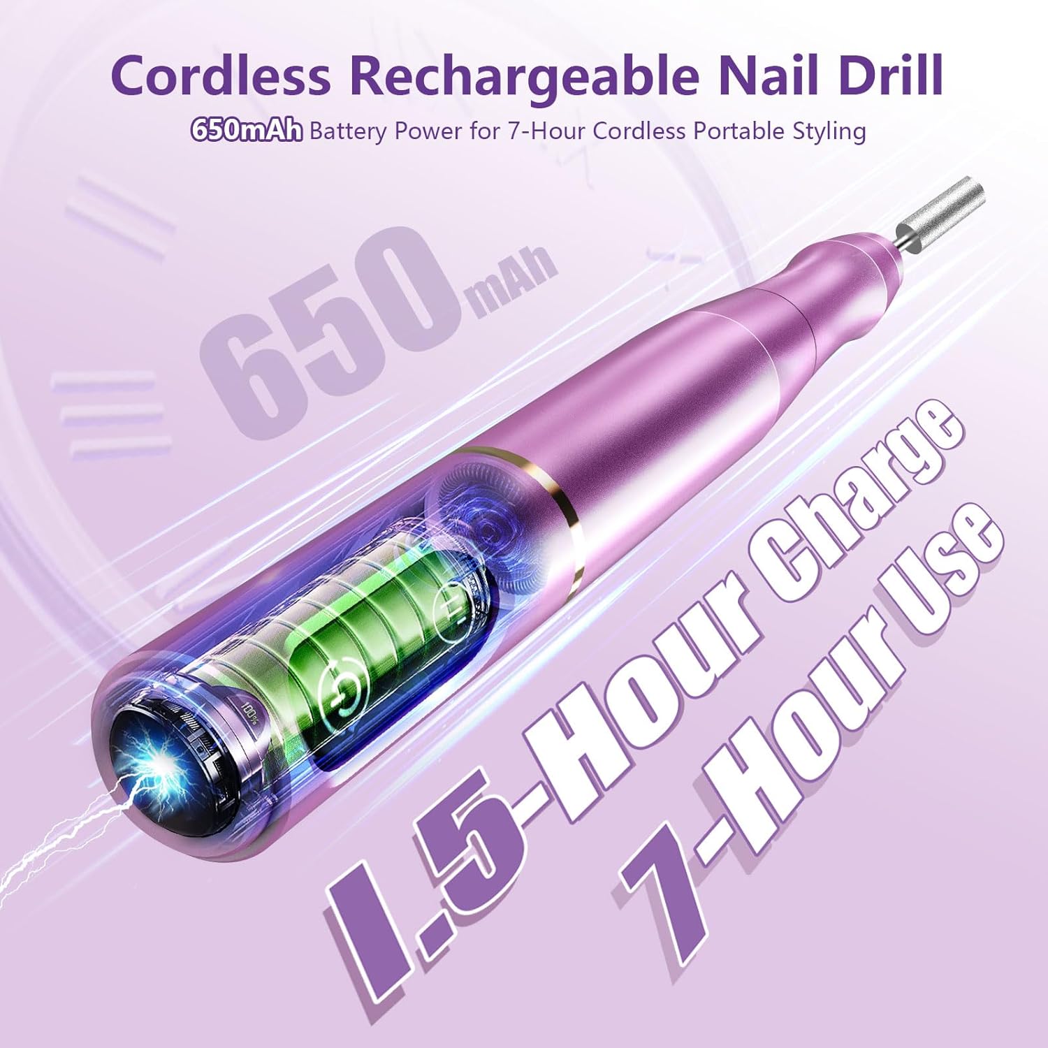 Cordless Nail Drill Electric Nail File Kit Rechargeable Professional Efile Nail Set, Portable Acrylic Gel Nail Polish Remover Machine Pedicure Manicure Tool, 11 Bits 56 Sanding Bands Salon Home - Image 2