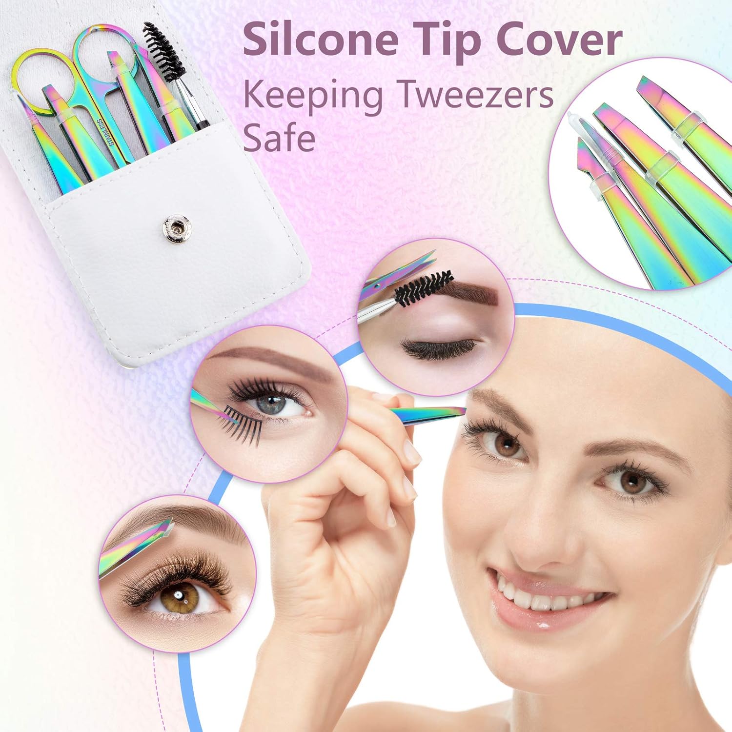 Honoson 6-Piece Rainbow Eyebrow Tweezers Set with Precision Scissors and Brush - Image 3