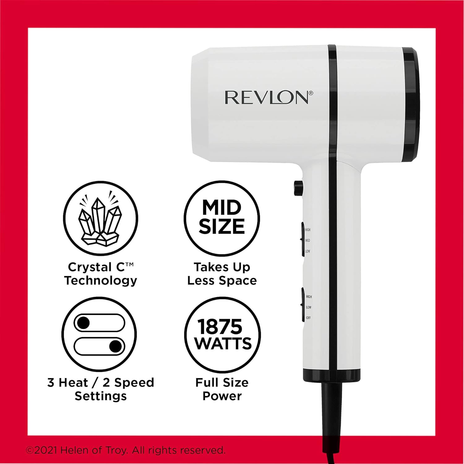 REVLON Crystal C + Ceramic Compact Hair Dryer | 1875W Blow Dryer with Crystal C Technology for Shiny Long-Lasting Shine and Less Frizz | Lightweight (White/Black) - Image 5