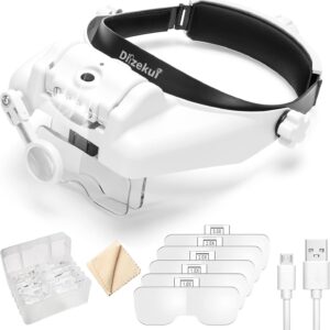 Headband Magnifying Glass with Light, Rechargeable Head Magnifying Glasses 1X to 14X, Magnifier Headset with 6 Detachable Lens, Hands Free Head Mount Magnifier for Close Work Reading Crafts