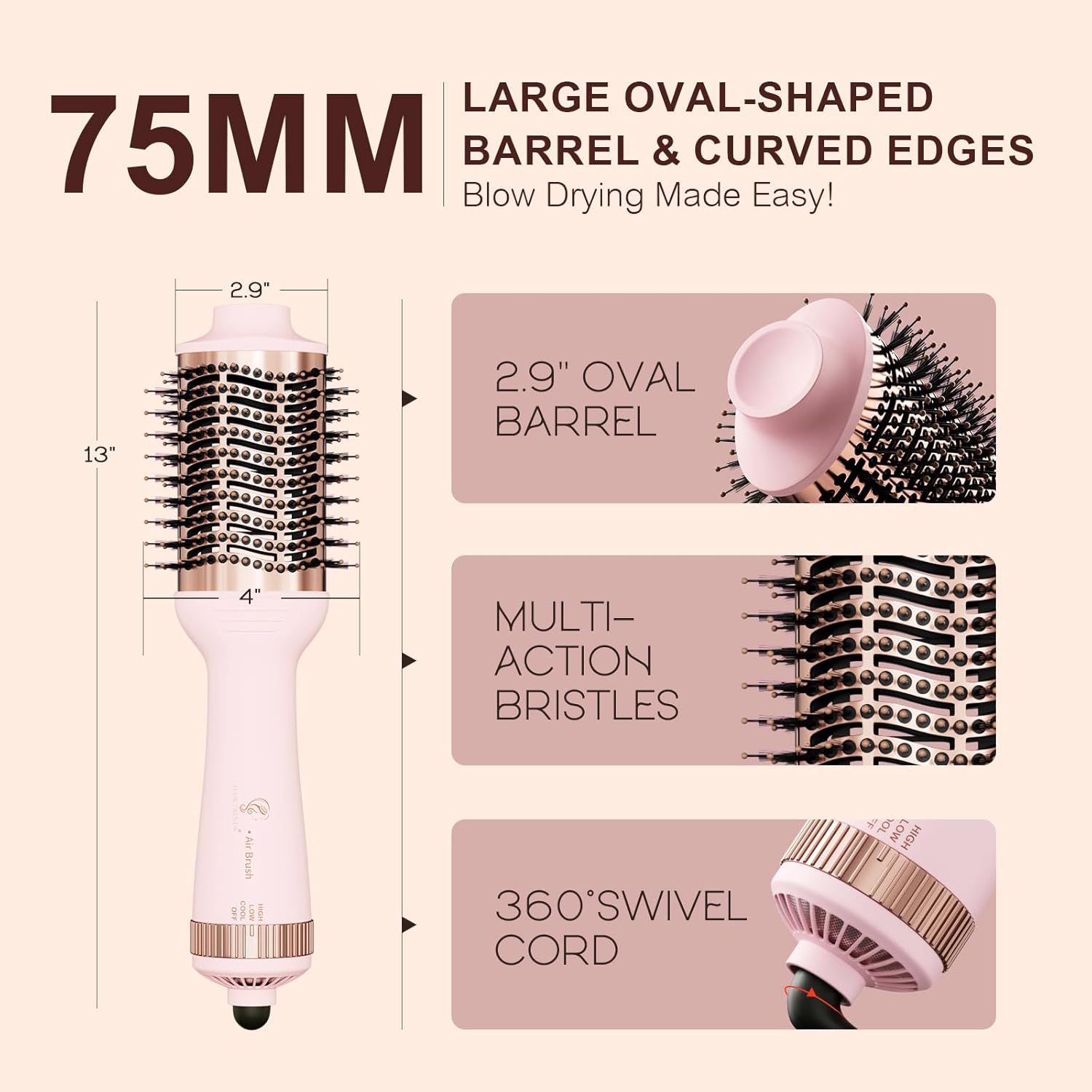 Large 4-in-1 Hot Air Brush Dryer with 75MM Titanium Barrel for Thick Hair - Image 5