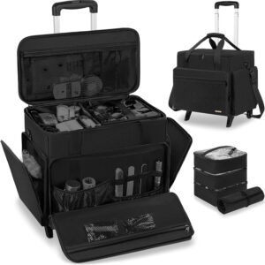 Extra Large Rolling Makeup Case with 4 Removable Pouches,Professional Make up Train Case with Wheels,Travel Cosmetic Bag for Hairstylists Nail Tech Makeup Artist with Detachable Trolley