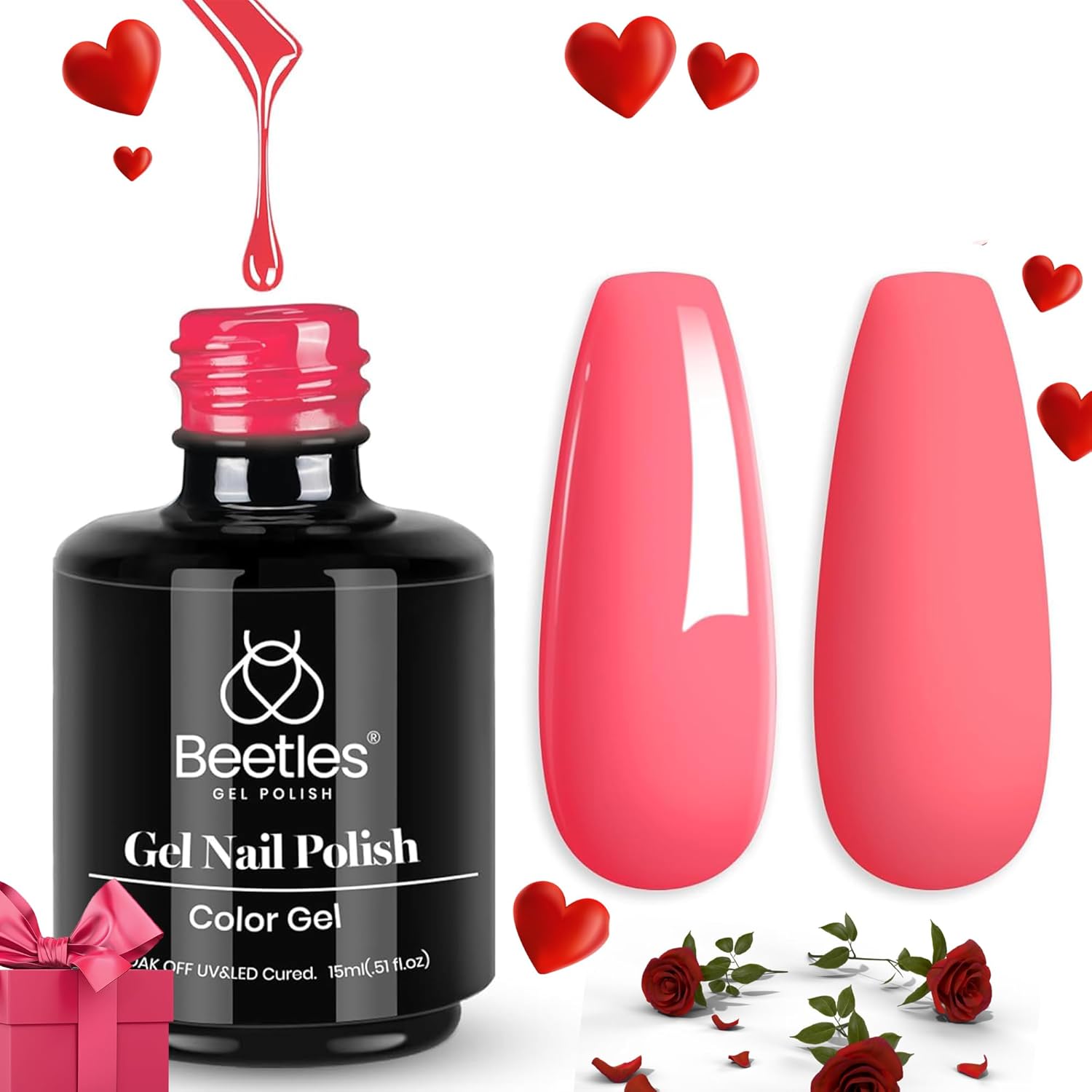 beetles Pink Gel Nail Polish,15 ml Strawberry Solid Bright Color Soak Off LED UV Lamp DIY Decoration Manicure Art Design Salon at Home Strawberry Cocktail Collection Gel Polish for Women