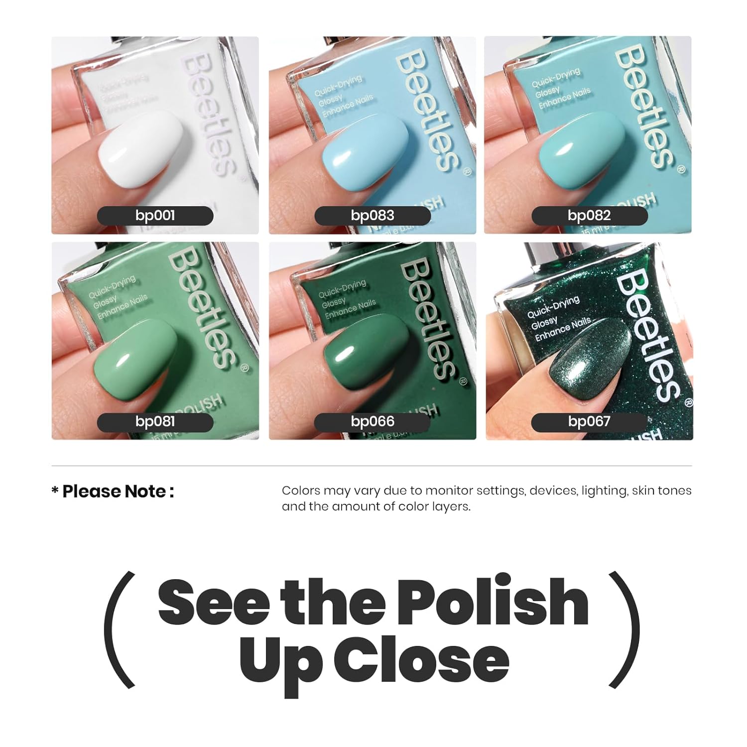 Beetles Green Nail Polish Set P181, 6 Colors Blue White Nail Polish Set, Green Collection Quick Dry Long Lasting Manicure Patricks Day DIY Nail Art Salon Home Gift For Women - Image 6