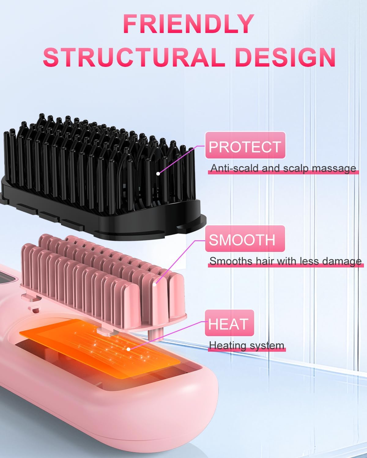 Cordless Hair Straightener Brush with 200 Million Anion, Portable Comb for Travel with LCD Display, 2 Clips - Pink - Image 5