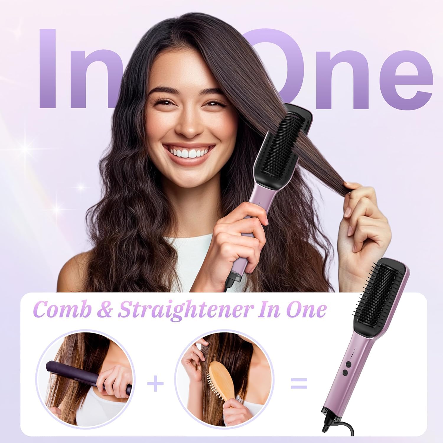 Ionic Hair Straightener Brush - 20 Million Anion, 5 Temps Setup, 20s Fast Heating & Dual Voltage, Ceramic Hair Brush Straightener for Women - Purple - Image 6