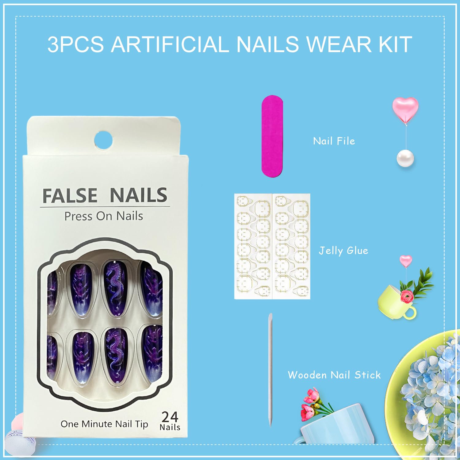 Chinese Dragon Press press on Nails Medium Almond Fake Nails With Dragon Pattern Designs Purple False Nails Full Cover Stick on Nails Acrylic Artificial Nails for Women Glue on Nails 24 Pcs - Image 6