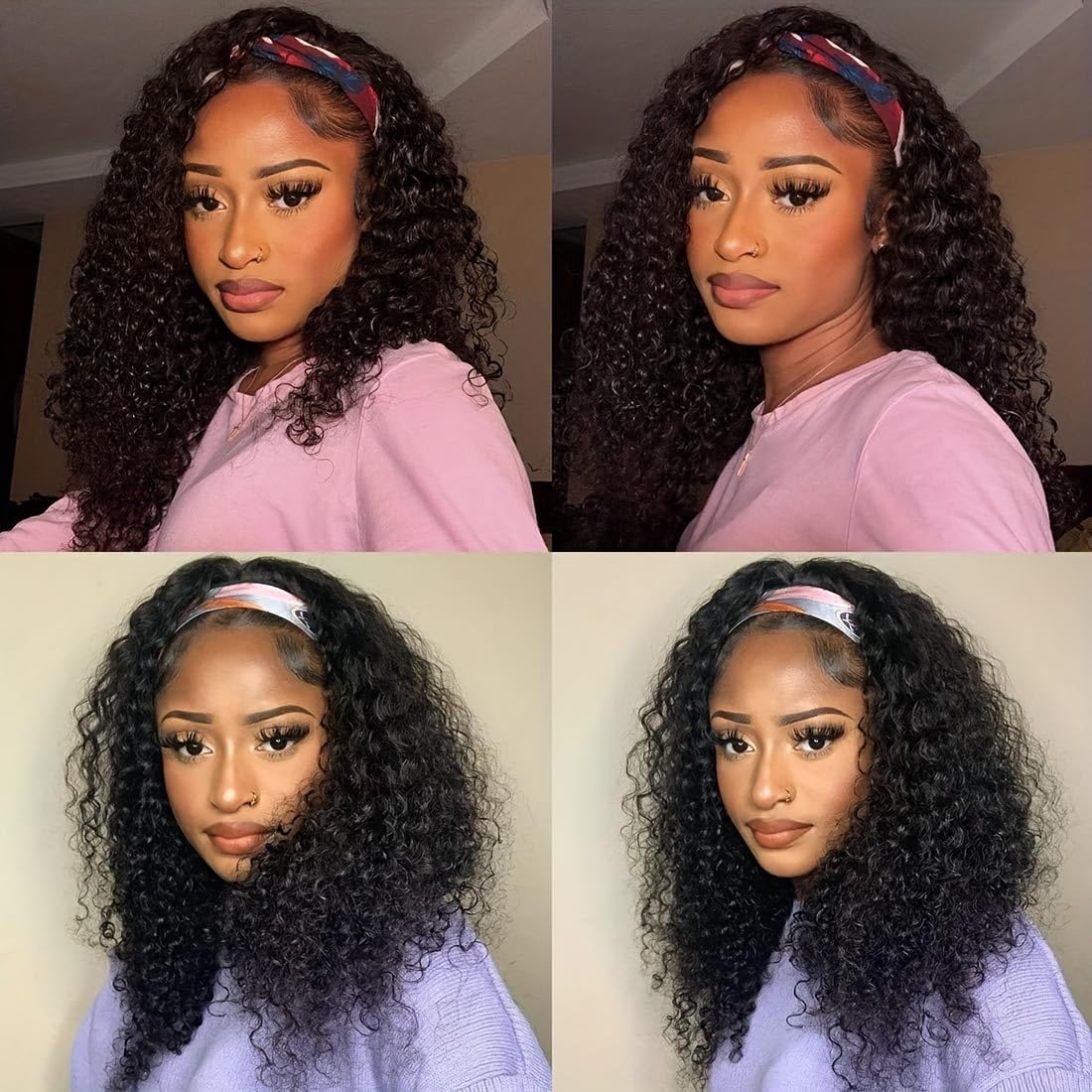 XSY Headband Wig Human Hair Deep Wave 16 Inch Curly Headband Wigs Glueless None Lace Front Wigs for Black Women Deep Curly Headband Half Wigs 150% Density Natural Color - Image 3