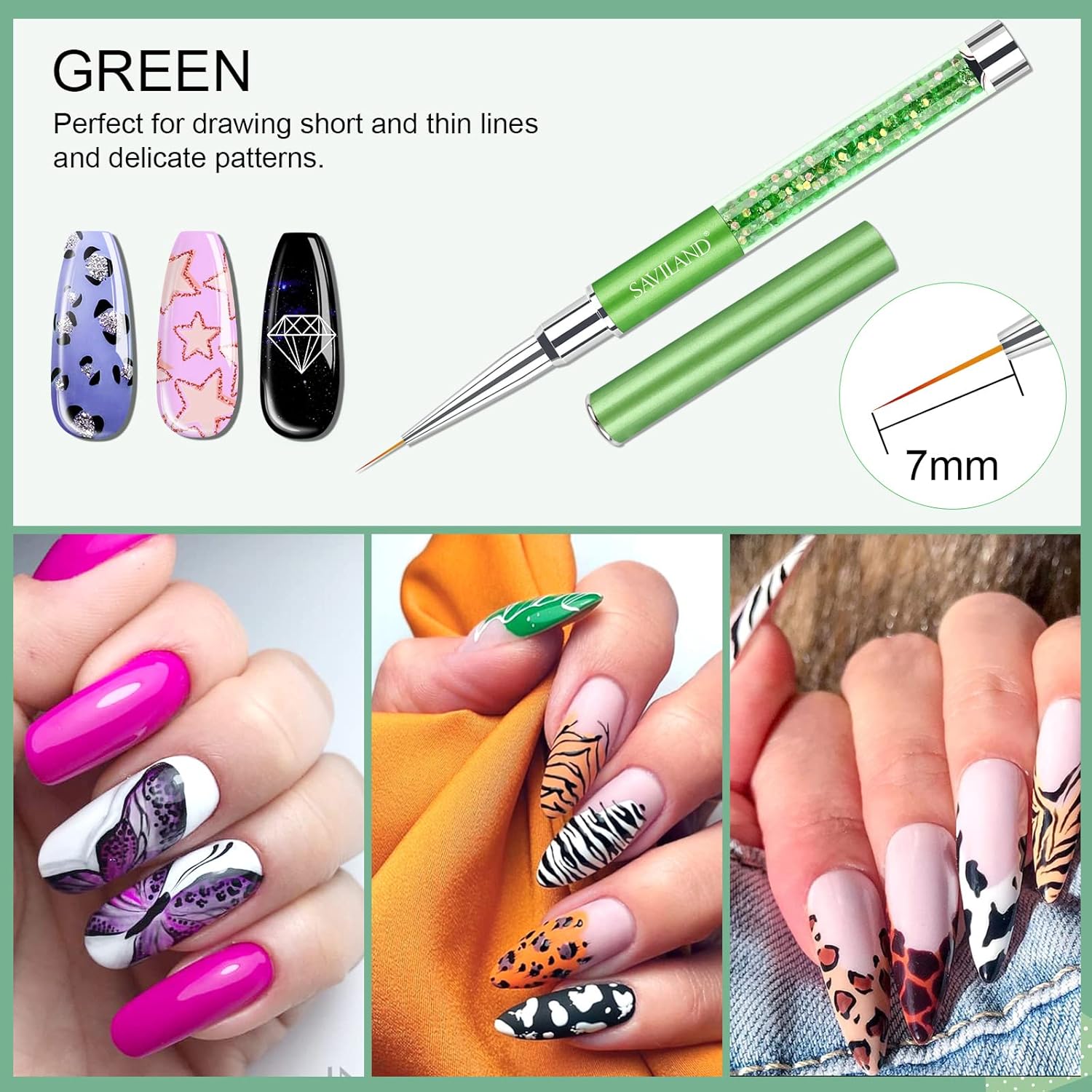 Saviland 6pcs Nail Art Liner Brushes Set: Nail Gel Polish Painting Nail Art Design Brush Pen Set with Crushed Diamond Rhinestones Handle for Pulling Lines, Sizes 7/9/11/13/17/23 mm, Christmas Gifts - Image 2