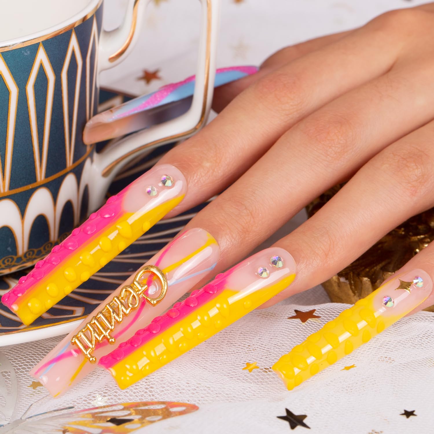 Press on Nails Gemini Blue French Tip Curve | Handmade with Full Covered Crystals | Reusable Fake Nails | Square Long 2.2 in | H172-S - Image 4