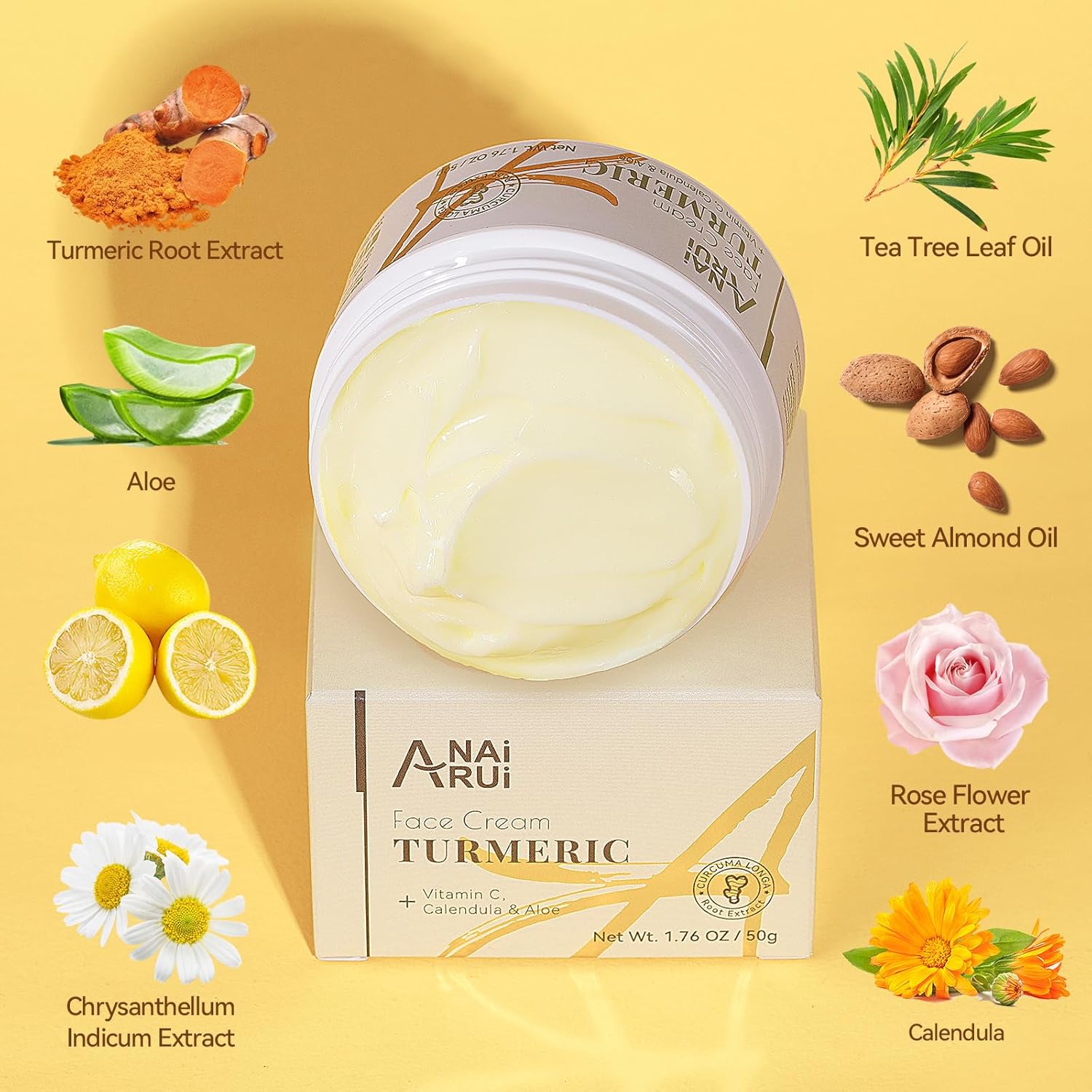 ANAI RUI Facial Moisturuzier, Turmeric Face Cream with Vitamin C for Hydrating, Firming, Tightening Skin, Turmeric Vitamin C Cream for Dark Spots, Dry Skin, 1.76 OZ - Image 3