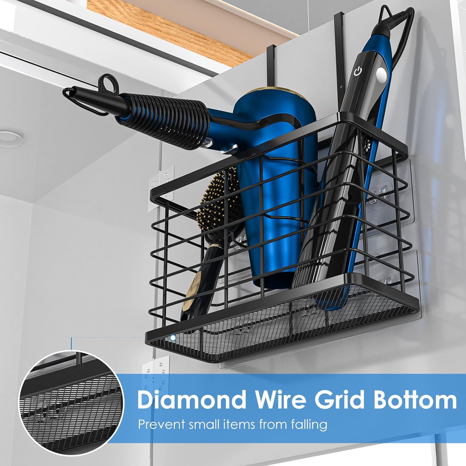 Hair Tool Organizer, Dryer Holder, 3 in 1 Blow Bathroom Organizer Wall Mounted/Cabinet Door for Flat Iron, Curling Straightener, Care & Styling Tools Storage Basket - Image 4