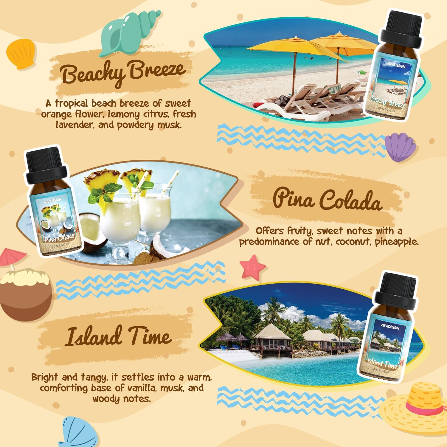 Beach Fragrance Oils Set, ARVIDSSON Summer Essential Oils for Diffuser - Beachy Breeze, Ocean Air, Pina Colada, Pink Sand, Sea Salt, Island Time, Tropical Scented Oil - Image 4