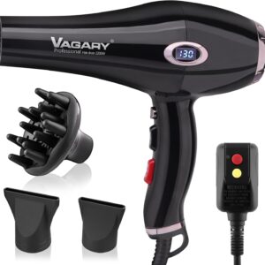 VAGARY Professional Salon 2200W Blower Dryer with Diffuser Concentrator Nozzles,Negative Ionic Blow Dryer,Low Noise Hair Dryers,2 Speeds and 2 Heat Settings 1 Cool Shot Button