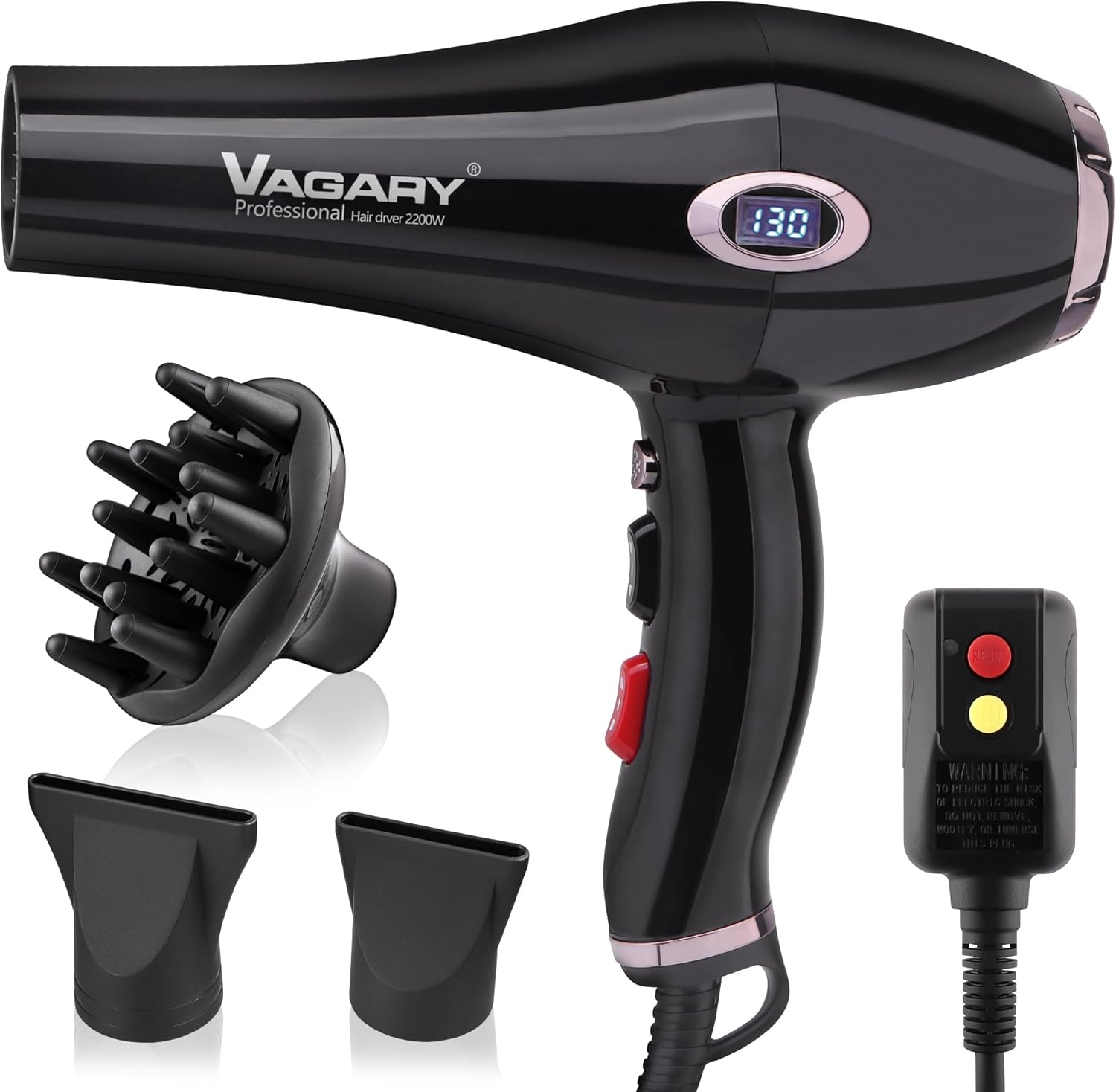 VAGARY Professional Salon 2200W Blower Dryer with Diffuser Concentrator Nozzles,Negative Ionic Blow Dryer,Low Noise Hair Dryers,2 Speeds and 2 Heat Settings 1 Cool Shot Button