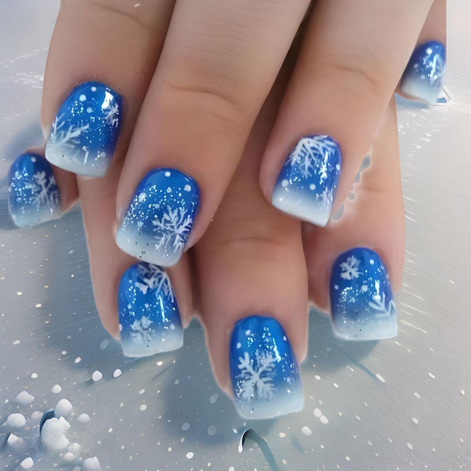 TBRZTR Blue Christmas Press on Nails Short Square Snowflake Acrylic Nails Glitter Powder Sequins Design Aritificial Xmas False Nails Full Cover Gradirent Coffin Nails Glossy Glue on Nails for Women