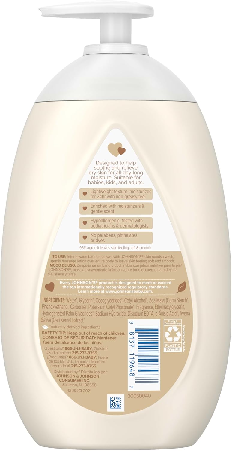 Johnson's Skin Nourish Moisturizing Baby Lotion for Dry Skin with Vanilla & Oat Scents, Gentle & Lightweight Body Lotion for the Whole Family, Hypoallergenic, Dye-Free, 16.9 fl. oz - Image 9