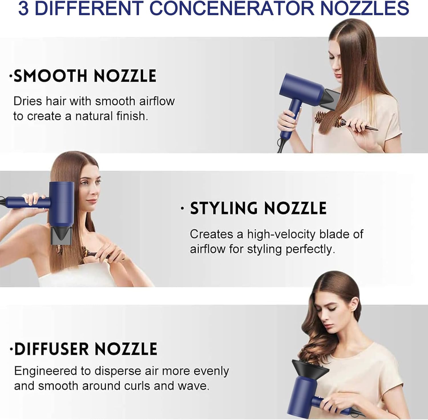 Slopehill Professional Ionic Hair Dryer, Powerful 1800W Fast Drying Low Noise Blow Dryer with 2 Concentrator Nozzle 1 Diffuser Attachments for Home Salon Travel (Prussian Blue) - Image 3