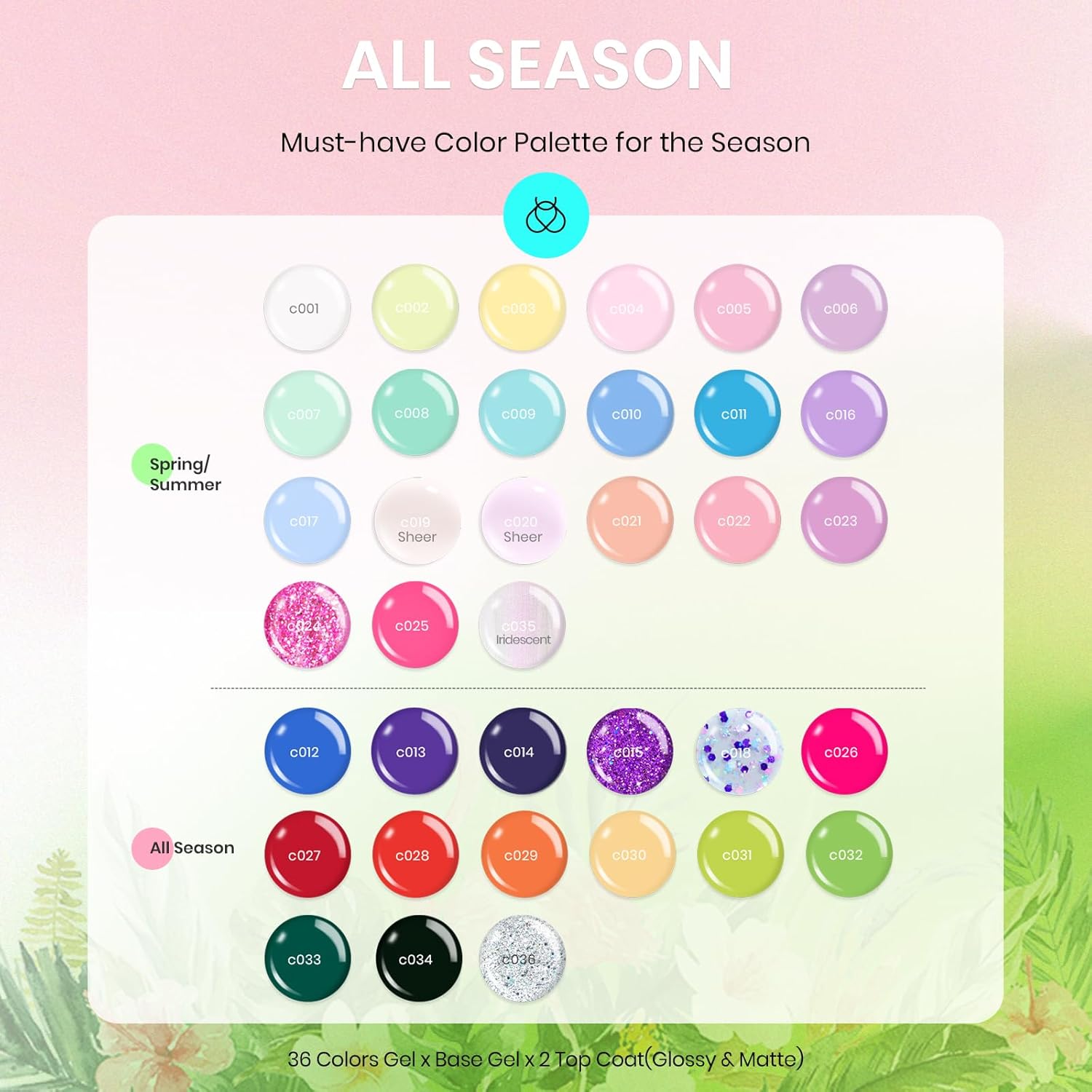 beetles Summer Gel Polish Nail Set 36 Colors Floral Rhapsody Collection Pastel Bright Girly Sparkle Glitter Polish with 3Pcs Base Matte & Glossy Top Soak off Uv Lamp All Seasons Gifts for Her - Image 2
