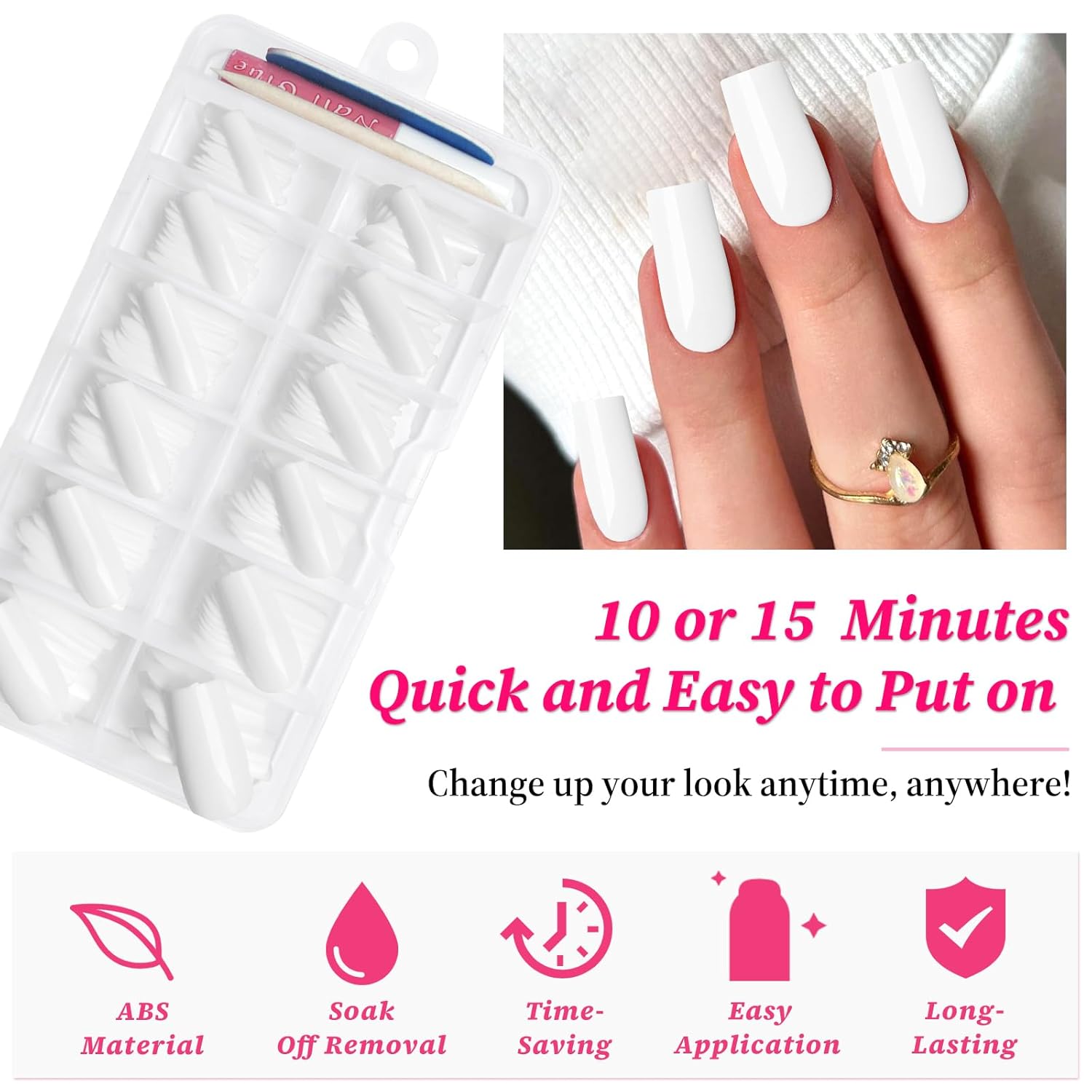 120PC White Square Press on Nails Medium Long Fake Nails Press ons with Glue Nail Adhesive Tabs, 12 Sizes Acrylic Nails Press on Nails Square White Stick Nails Tips Artificial Fingernails - Image 3