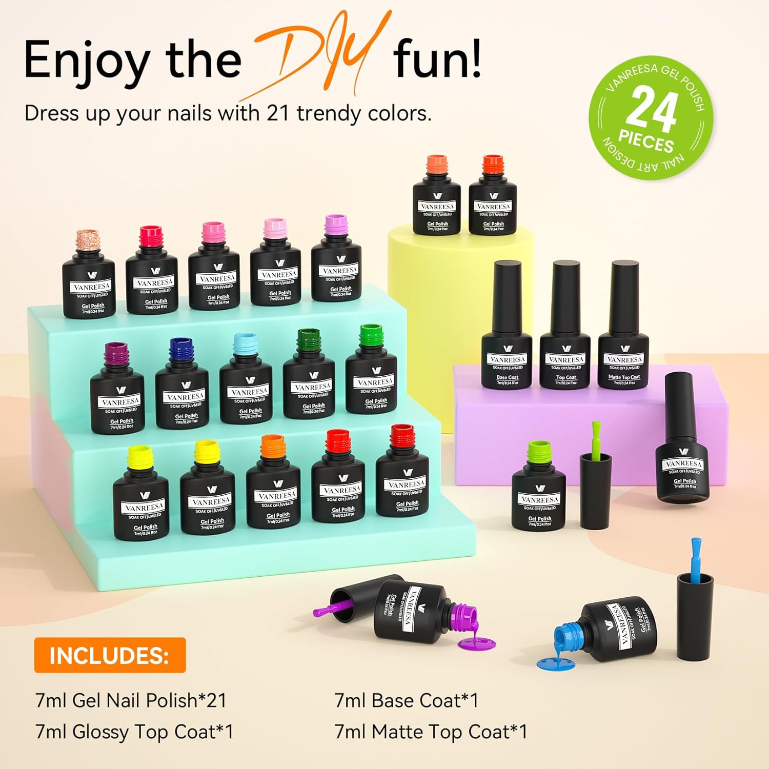 VANREESA 24 Pcs Gel Nail Polish Set, 21 Colors Bright Gel Polish with Base Coat Glossy & Matte Top Coat Red Orange Yellow Green Blue Pink Purple Gel Polish Kit Nail Kit Gifts for Women - Image 6