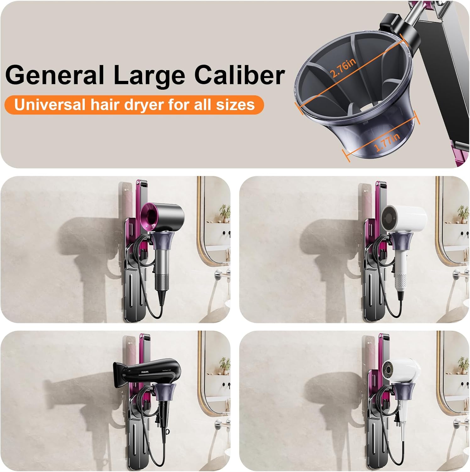 Adjustable Blow Dryer Holder Wall Mounted Storage,Bathroom Blow Dryer Holder,Height Angle,Metal Material Compatible with 99% Hair Dryer Hanger, Suitable for countertop use - Image 6