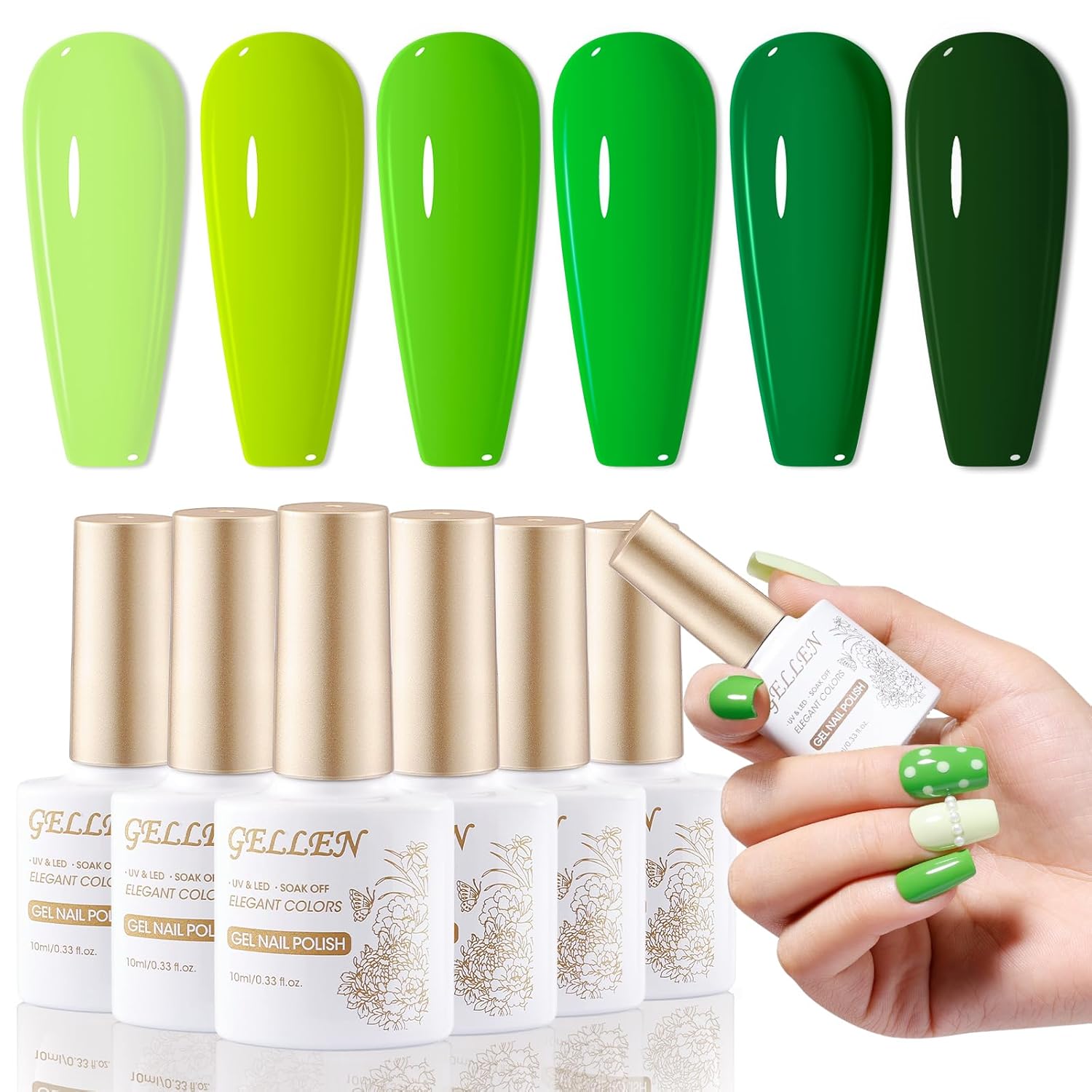 GELLEN Green Gel Nail Polish, Full Size Green Gel Polish Spring Summer Dark Light Grass Forest Jungle 6 Colors Set, No Wipe Soak Off UV Light Gel for Women Girls Manicure Home Salon St. Patricks Day