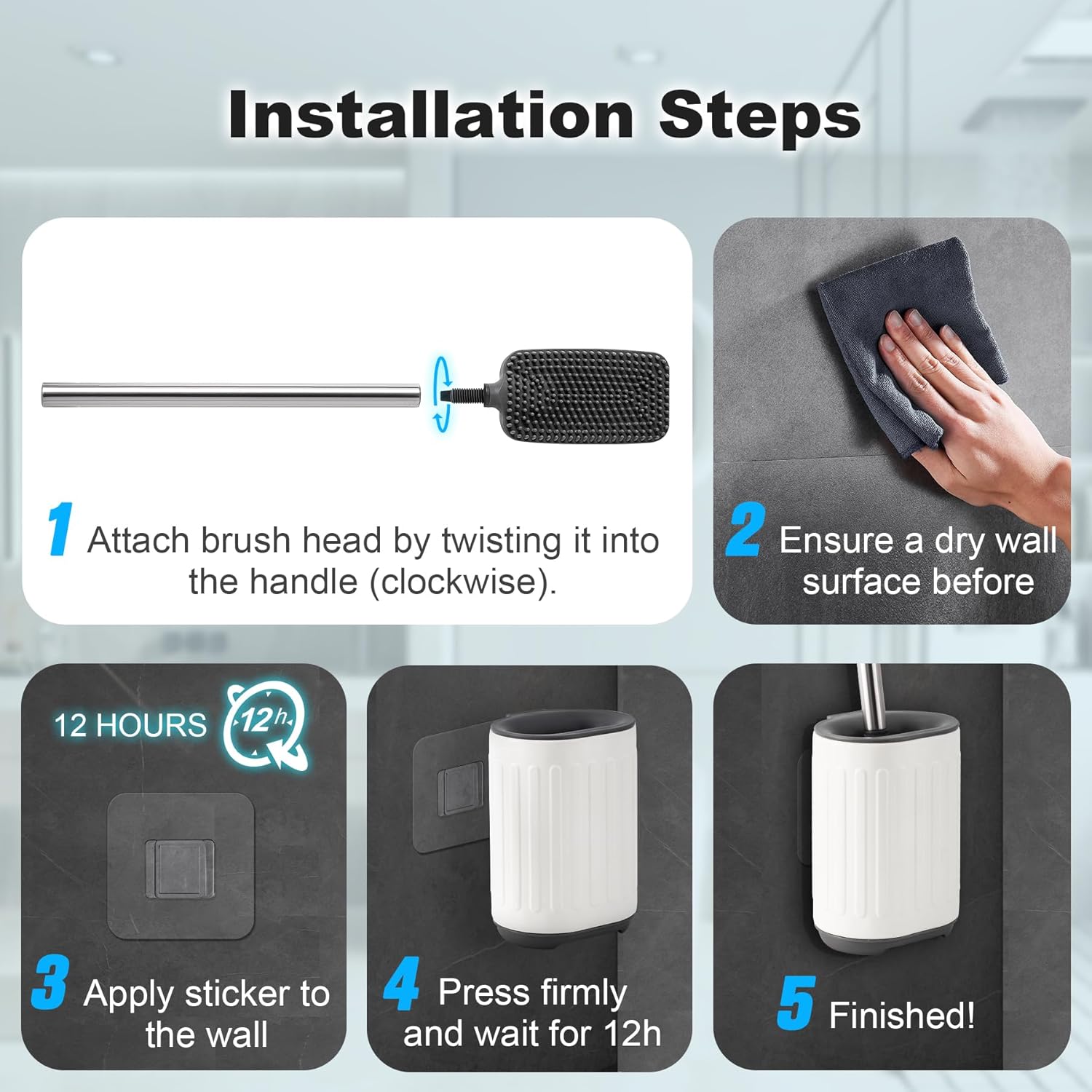 Bathroom Trash Can with Toilet Brush - 1.6 Gallon Slim Stainless Steel Garbage Can, Small Wastebasket for Bathroom, Office, Bedroom, Silicone Toilet Brush Included, White - Image 9