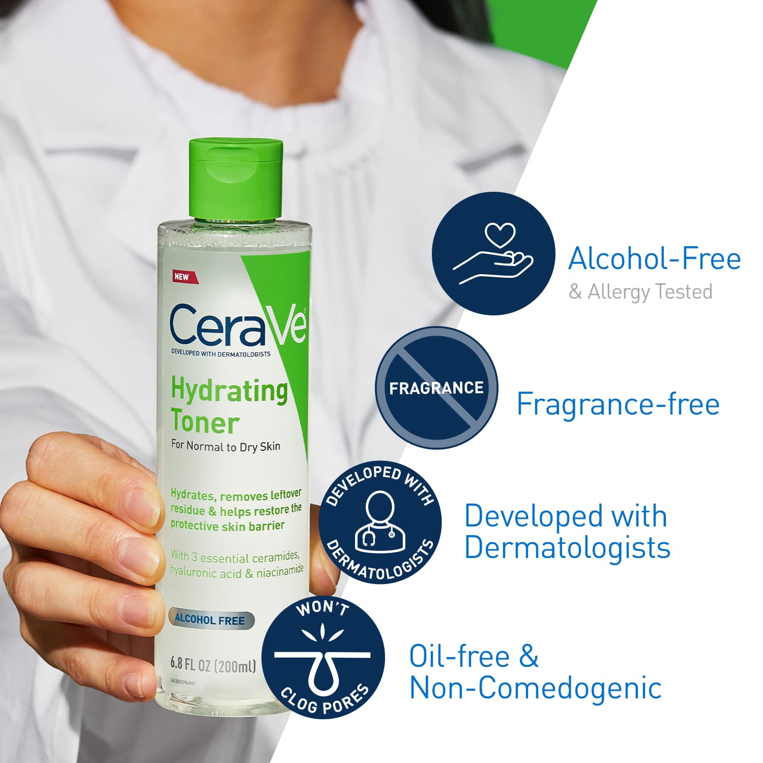 CeraVe Hydrating Toner for Face Non-Alcoholic with Hyaluronic Acid, Niacinamide, and Ceramides for Sensitive Dry Skin, Fragrance-Free Non Comedogenic, Full Size, 6.8 Fl Oz - Image 5