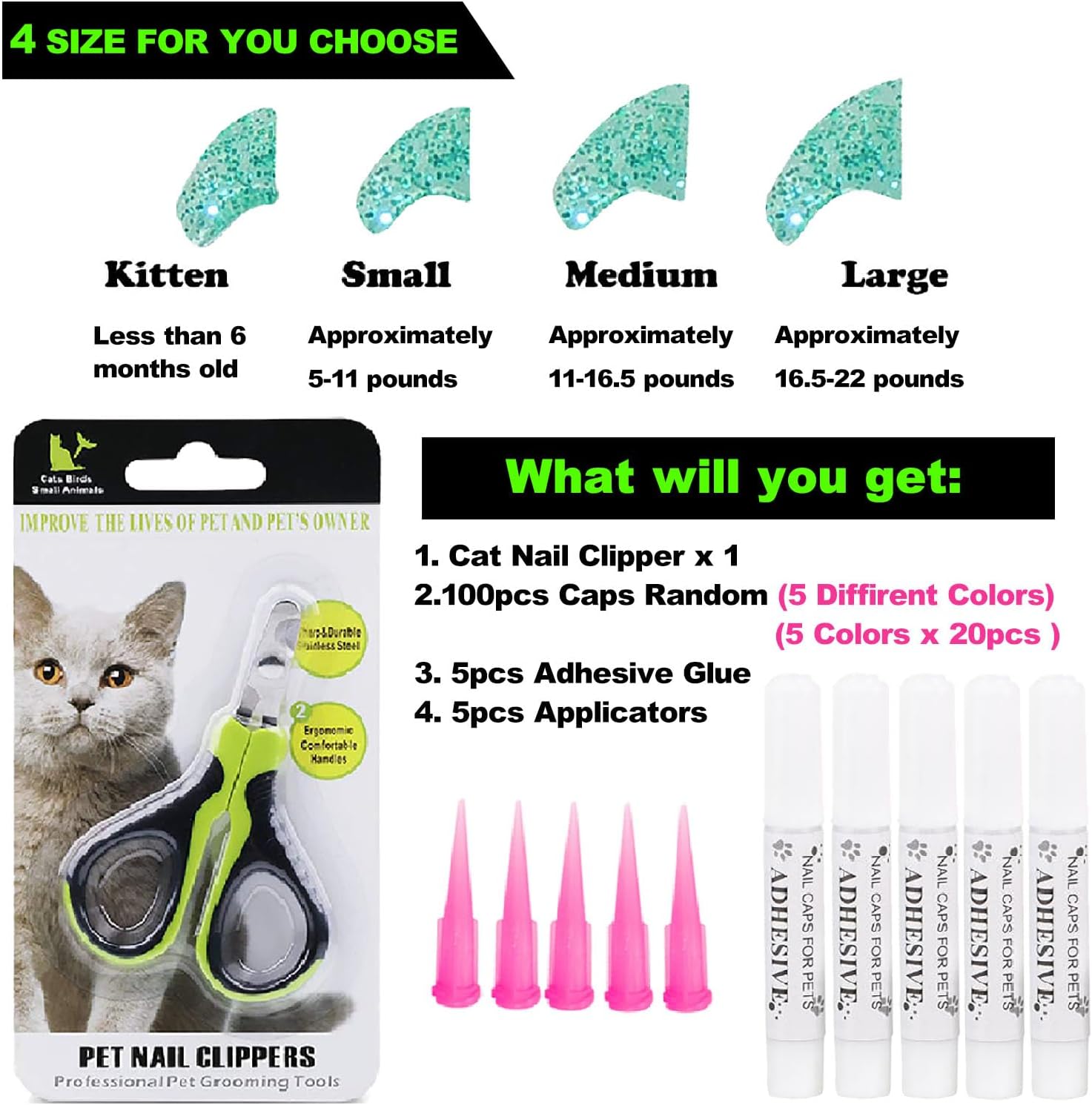 VICTHY Medium Cat Nail Caps 100 Count with Clipper Set 5 Assorted Colors New - Image 7