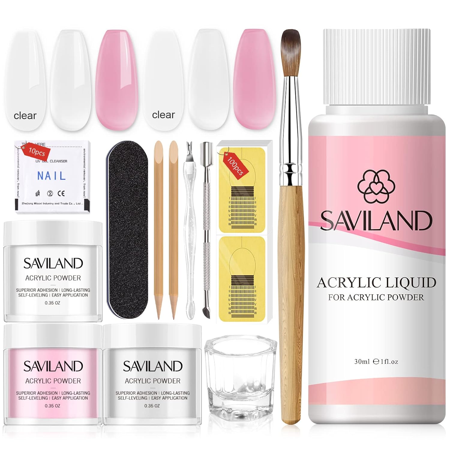SAVILAND Acrylic Nail Kit for Beginners: White Pink Clear Acrylic Powder and Liquid Set with Nail Brush Forms Manicure Tools Kit with Everything for Beginners Home DIY Nail Art Salon