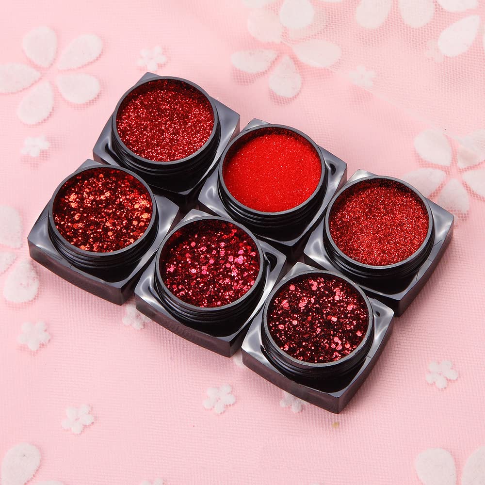 Nail Art Glitter Sequins 6 Boxes Red Crystal Diamond Nail Powder 3D Holographic Nail Art Powder Shiny Flakes Acrylic Nail Glitters Set for Valentine's Day Nail Decoration Manicure Tips Charms - Image 2