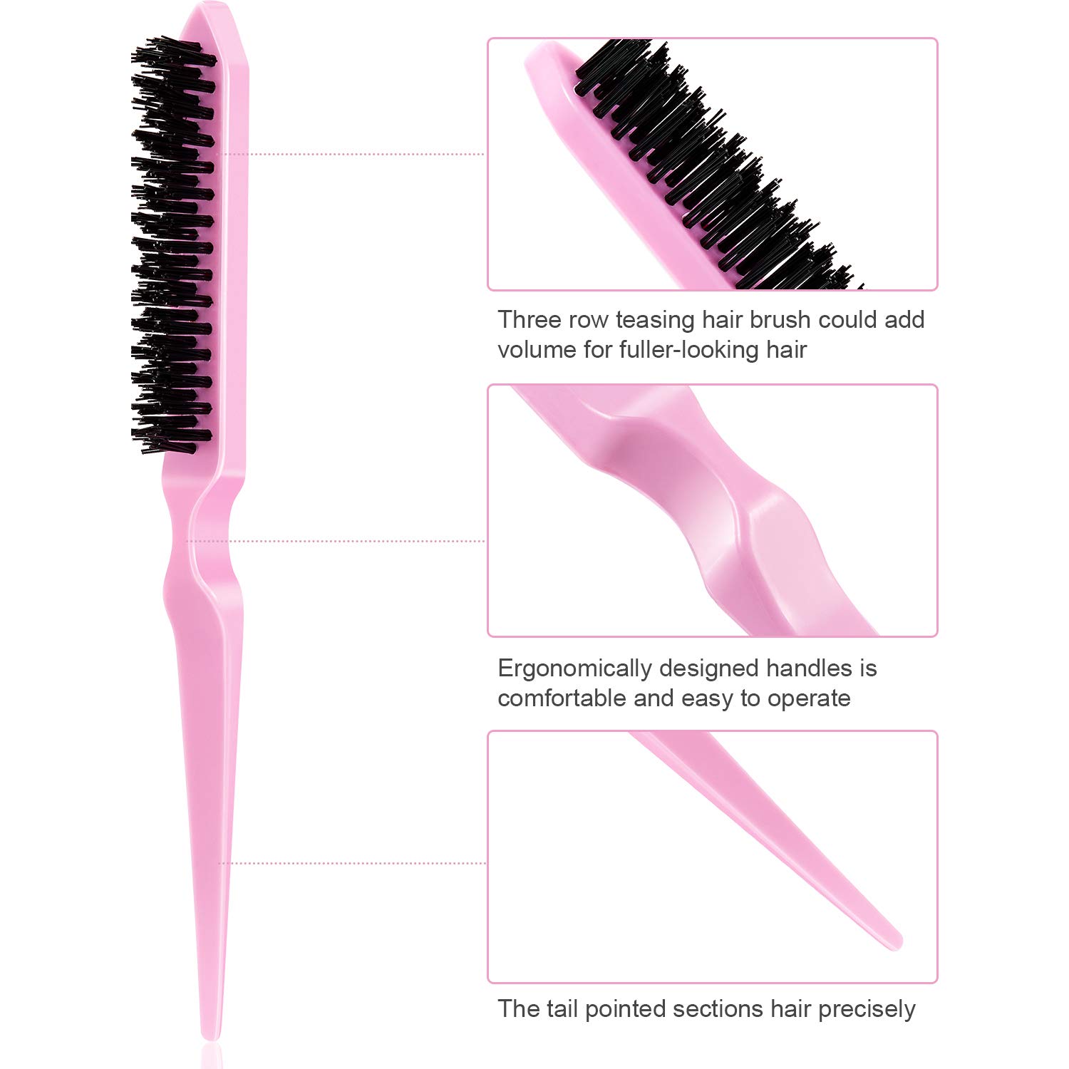 Yaomiao 6 Pcs Nylon Rat Tail Brush Set for Women - Three Row Salon Brushes for Back Combing, Root Volumizing, and Scalp Massage - Image 3