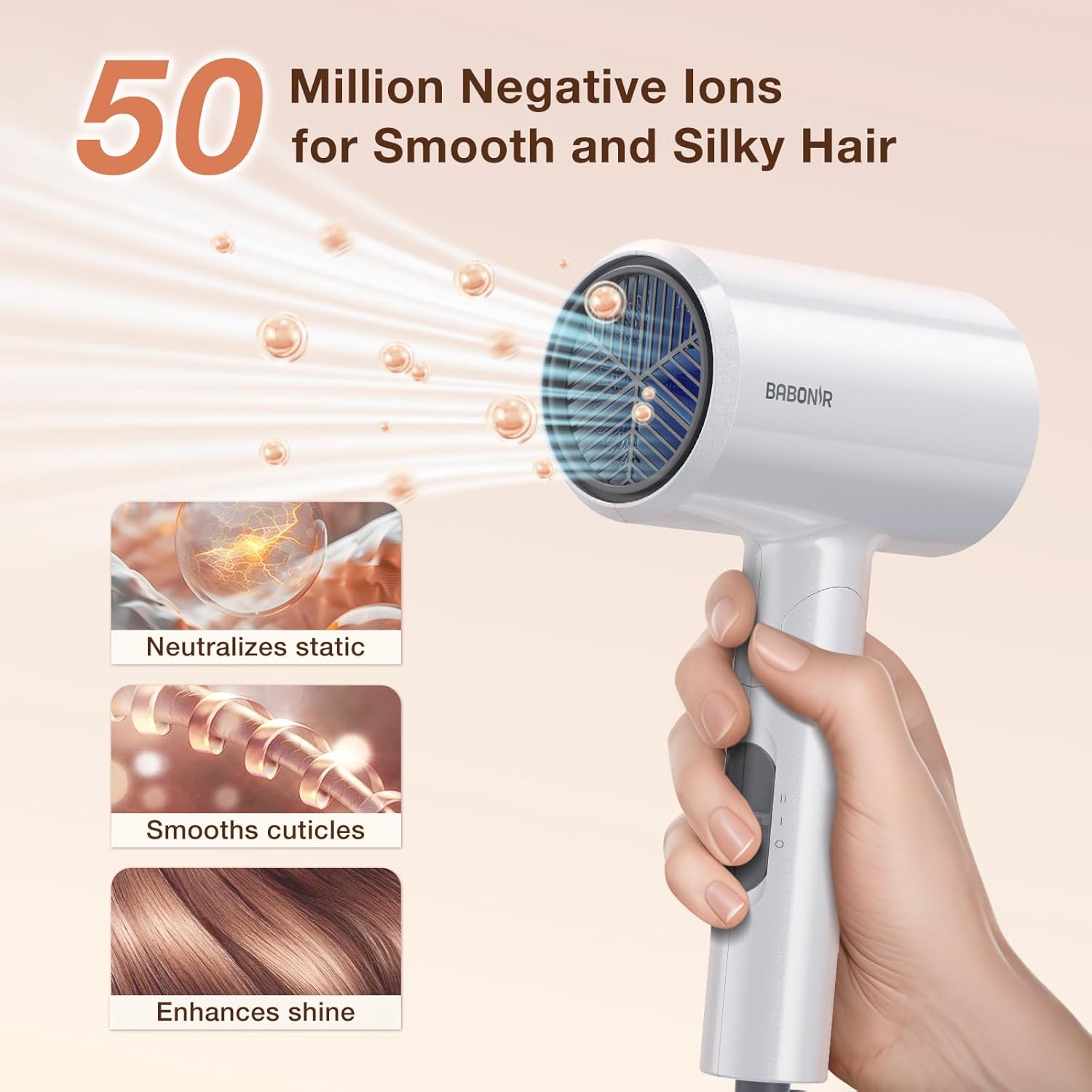 Blow Dryer with Diffuser, 1875W Fast-Drying, Foldable, Ionic Turbo Hair Dryer with Diffuser & Concentrator Nozzle, Compact, 3 Heat & 2 Speed Settings, 8FT Cord for Home Salon, White - Image 5