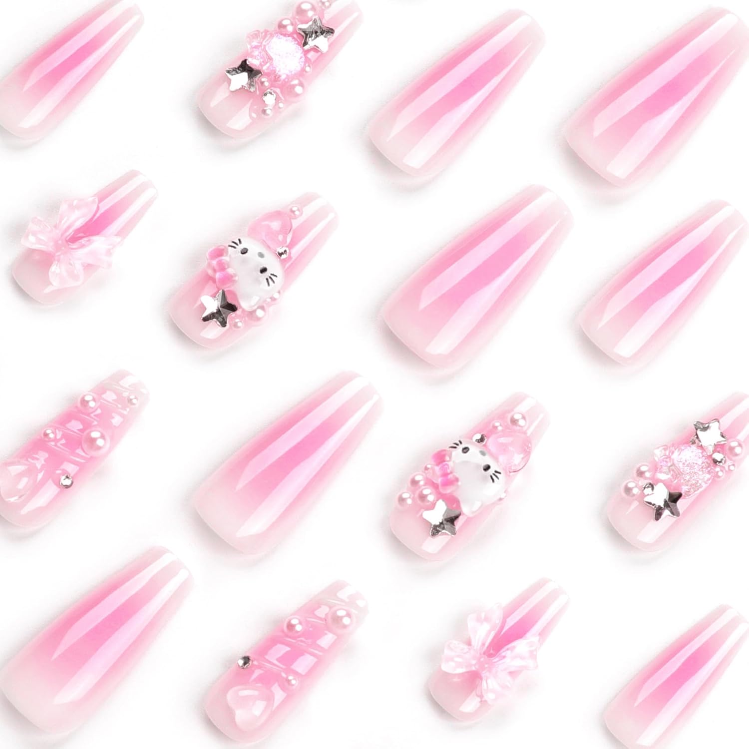24Pcs Pink Coffin Nails Press on Nails Long Coffin Fake Nails with 3D Heart Pearl Star Nail Charms Design Nail Gems Diamond Pink Acrylic Nails Supply Full Cover False Nails Stick on Nails for Women - Image 3