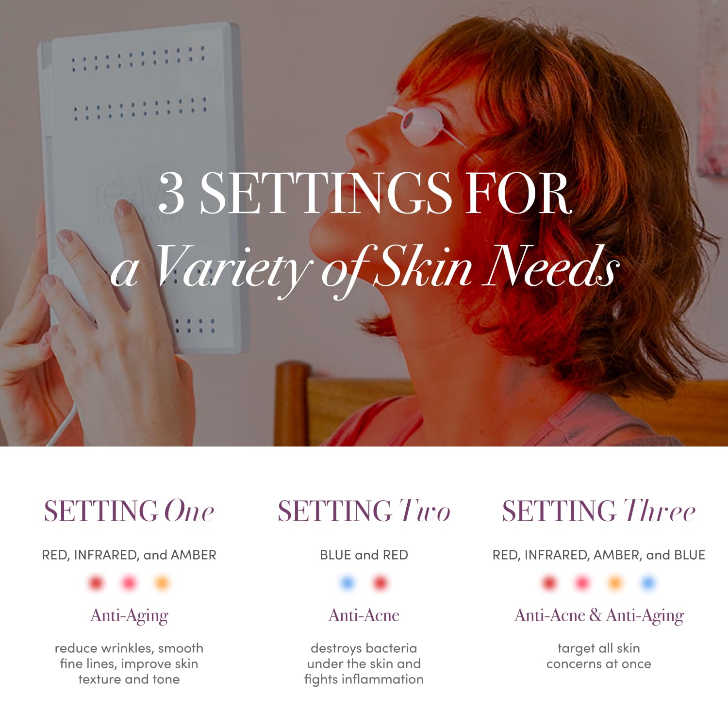 reVive dpl lla Blue & Red Light Therapy Device for Face | 3-in-1 Anti-Aging Wrinkle Reduction Light Panel | 3-Minute LED Acne Treatment - Image 3