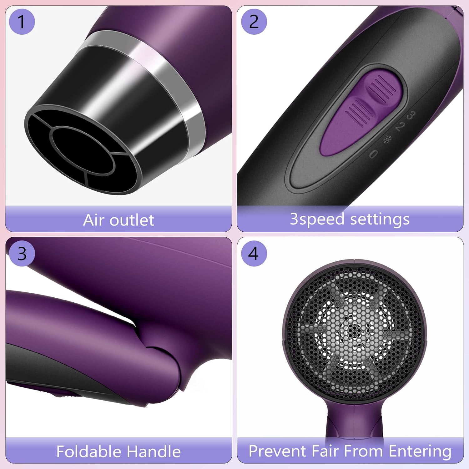 CONFU Portable Travel Hair Dryer 1600W Folding Handle Ceramic Tourmaline Ionic Purple - Image 3