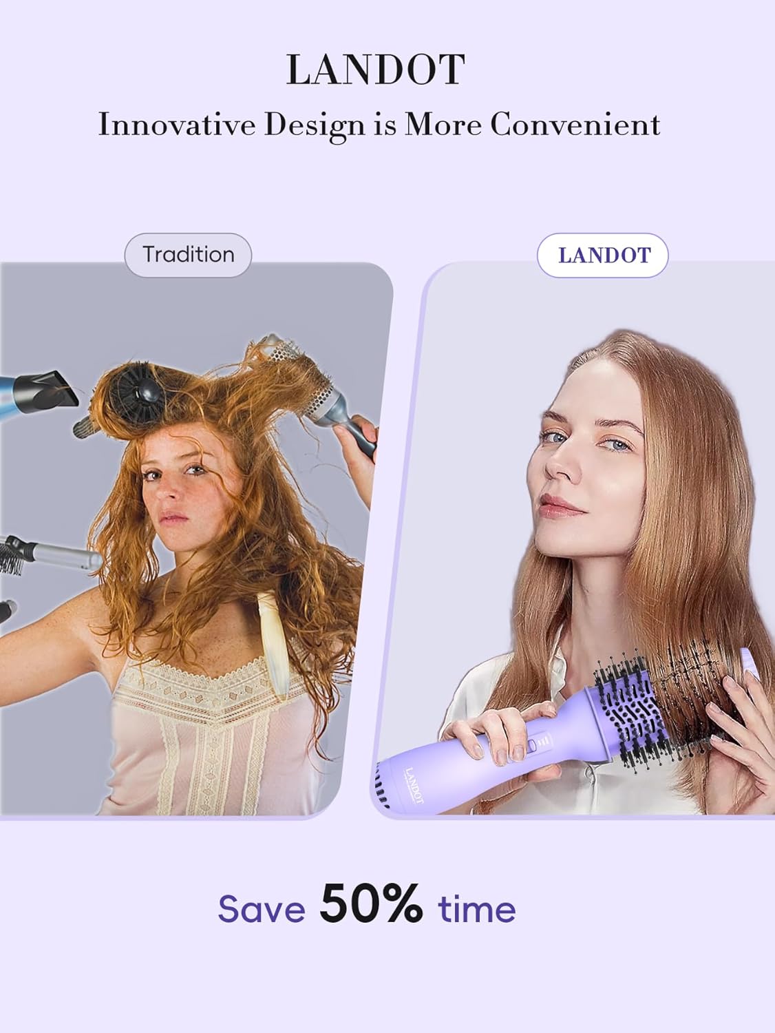 LANDOT Hot Hair Blow Dryer Brush: One-Step HairDryer Styler and Volumizer - Upgraded Plus 2.0 Hot Air Brush with Negative Ion Anti-frizz Ceramic Titanium 60mm Oval Shape Barrel Purple Color - Image 2