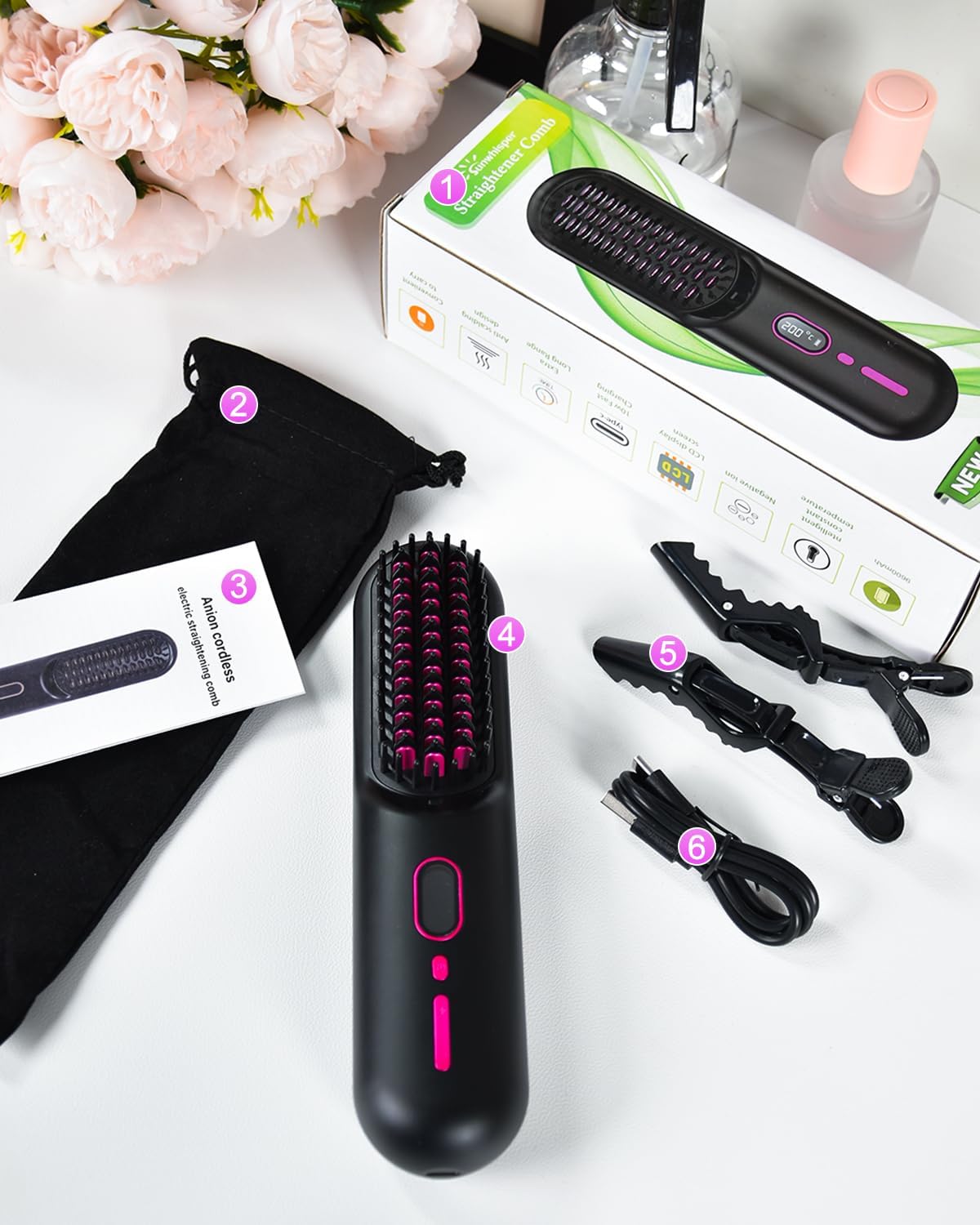 Cordless Hair Straightener Brush with 200 Million Anion, - Image 7