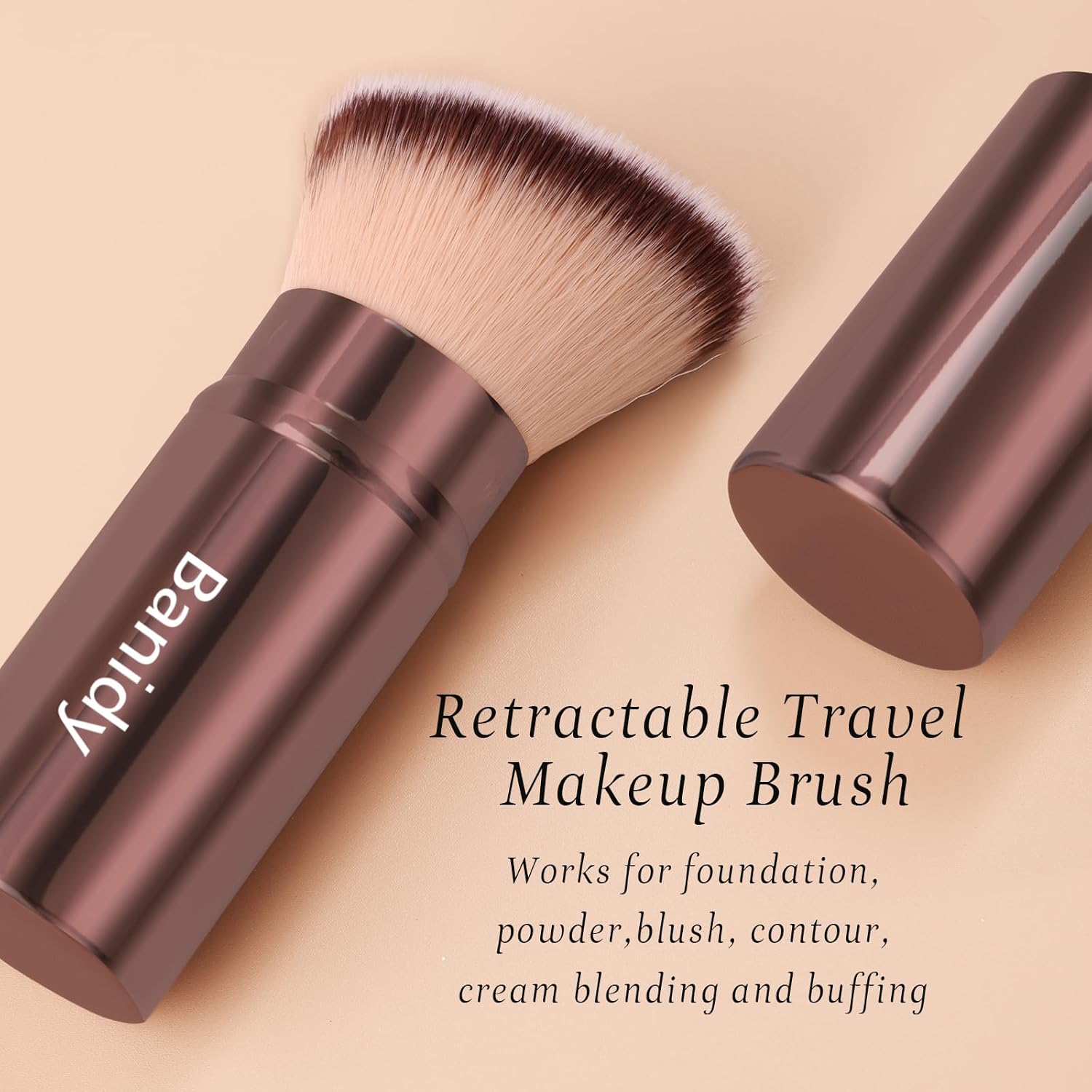 Makeup Brush Kabuki Face Brushes Retractable Travel Blush Kabuki Brush Portable Flawless for Foundation, Powder Blush, Bronzer, Buffing, Liquid, Cream, Cruelty Free with Cover(Brown) - Image 6